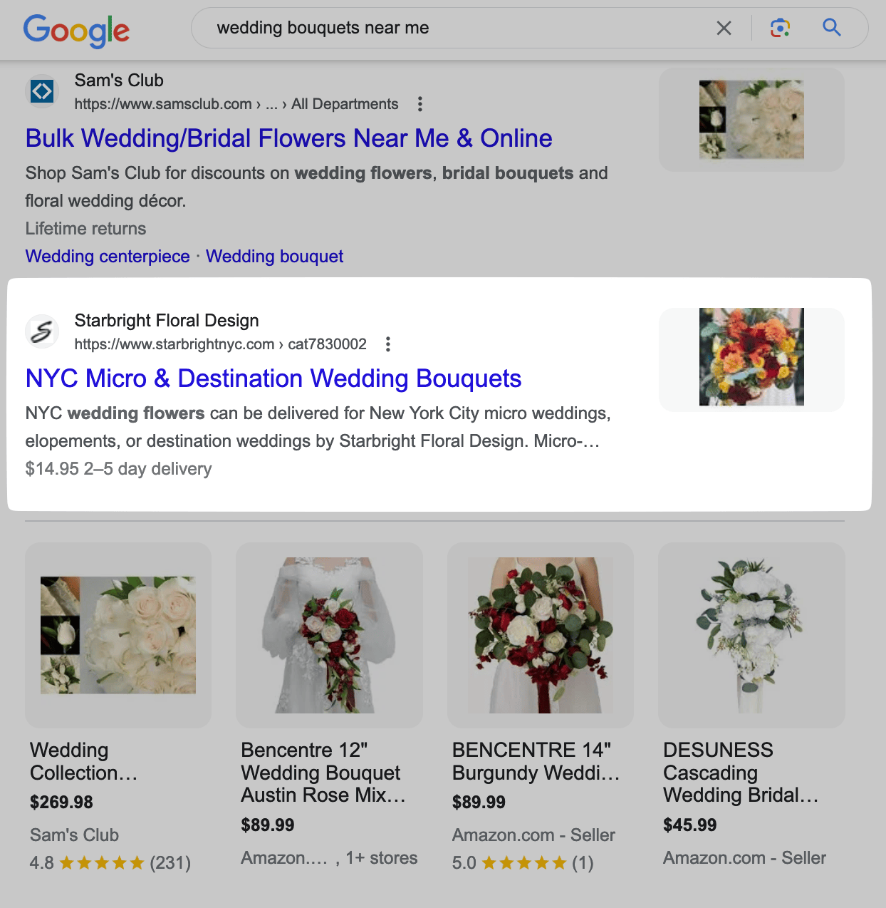 Starbright Floral Design result highlighted on Google SERP for “wedding bouquets near me"