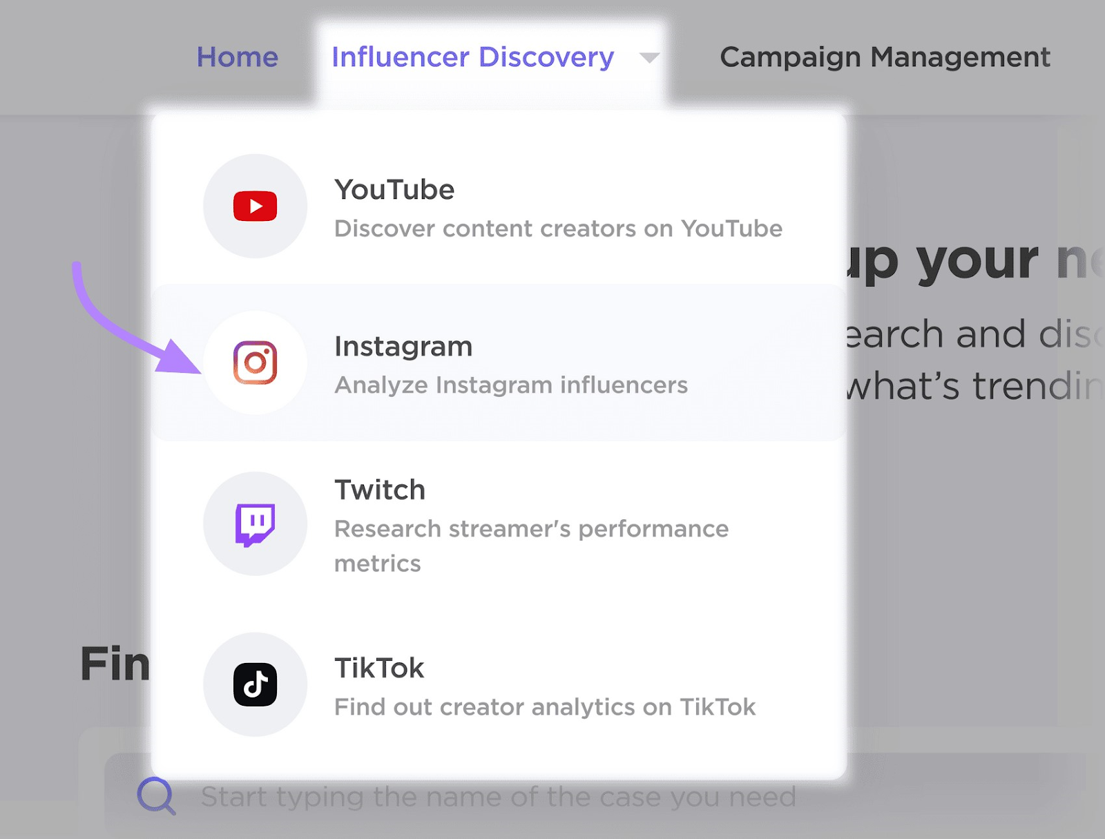 “Influencer Discovery” drop-down menu