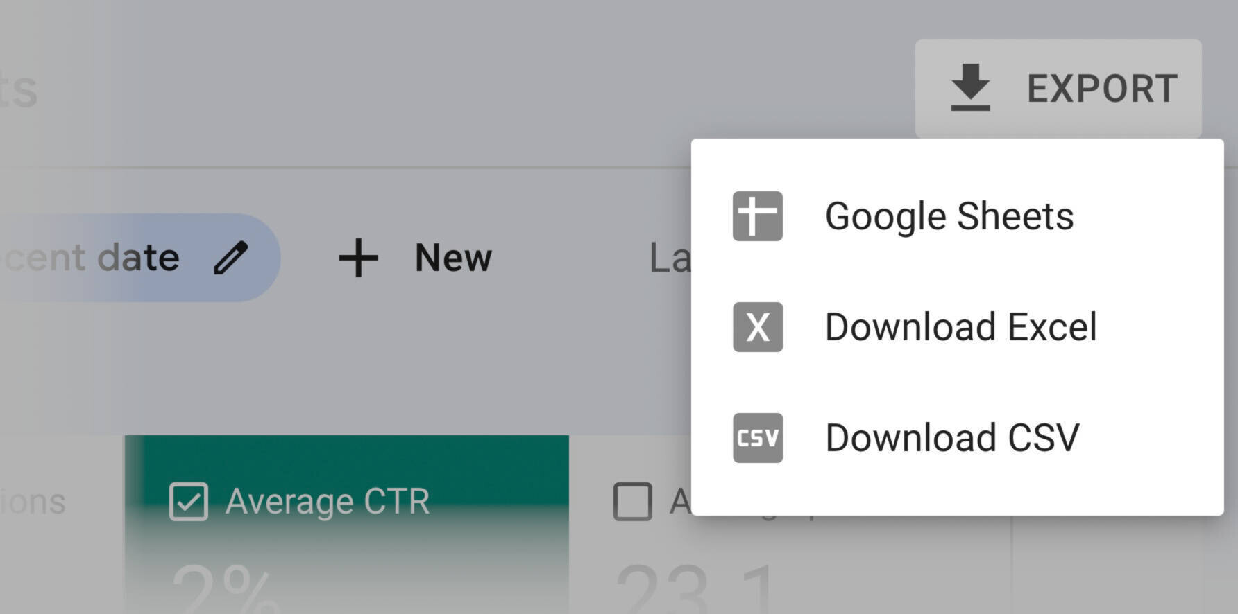 google search console export button