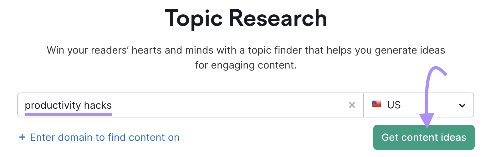 an example of a search for "productivity hacks" in Semrush’s Topic Research tool