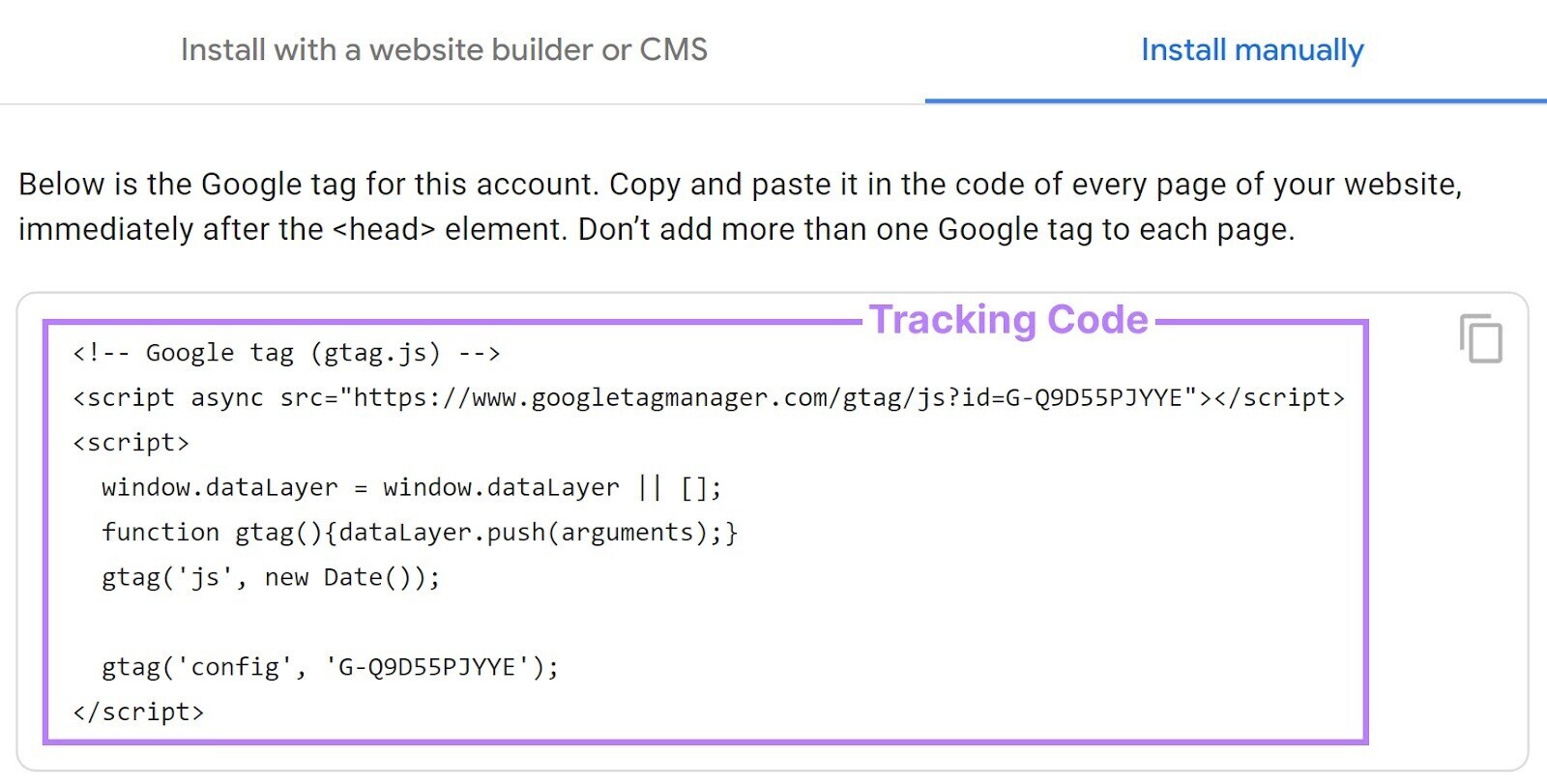 an example of the Google Analytics tracking code