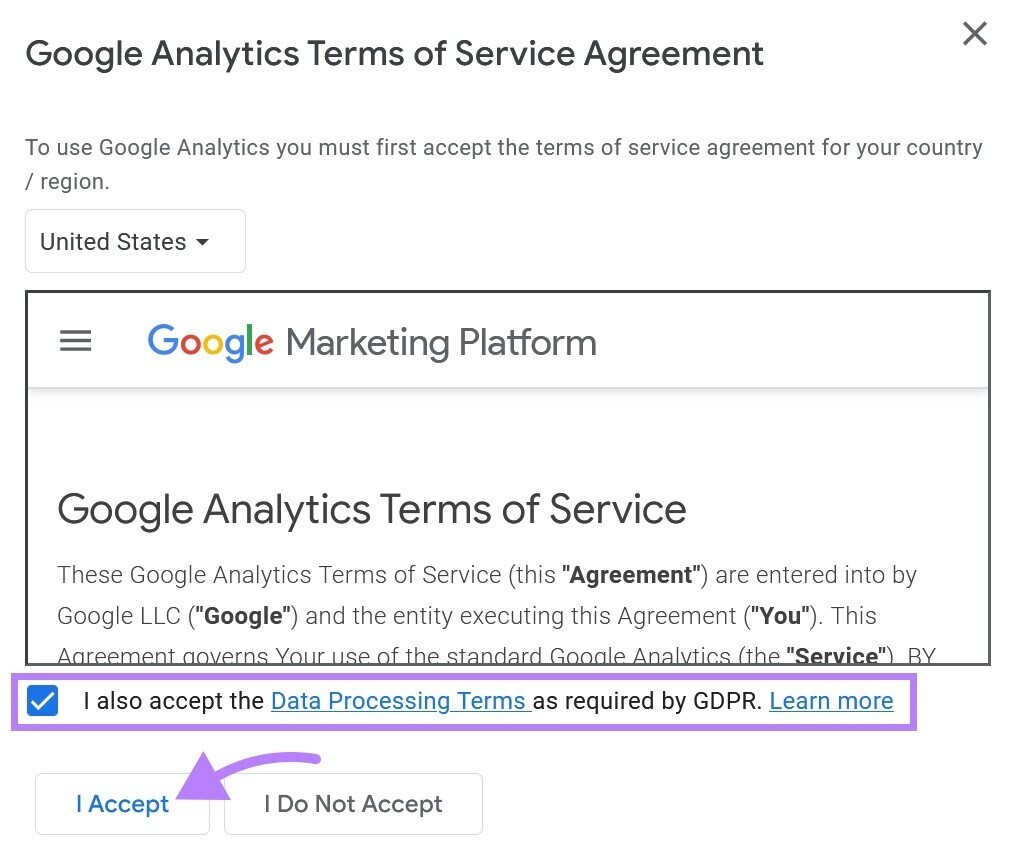 "Google Analytics Terms of Service Agreement" page