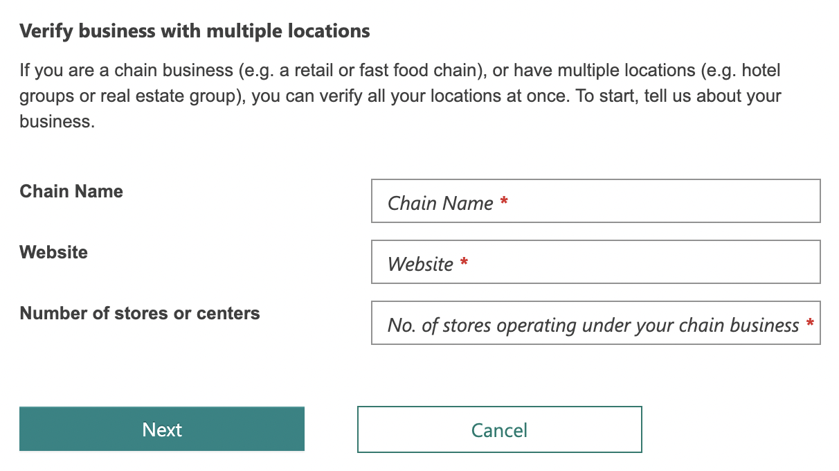 "Verify business with multiple locations" page in Bing Places for Business