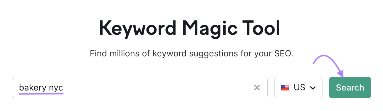 an example of searching for "bakery nyc" in Keyword Magic Tool