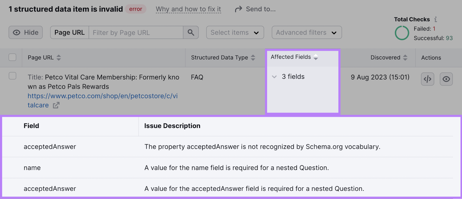 “Affected Fields” column in Site Audit