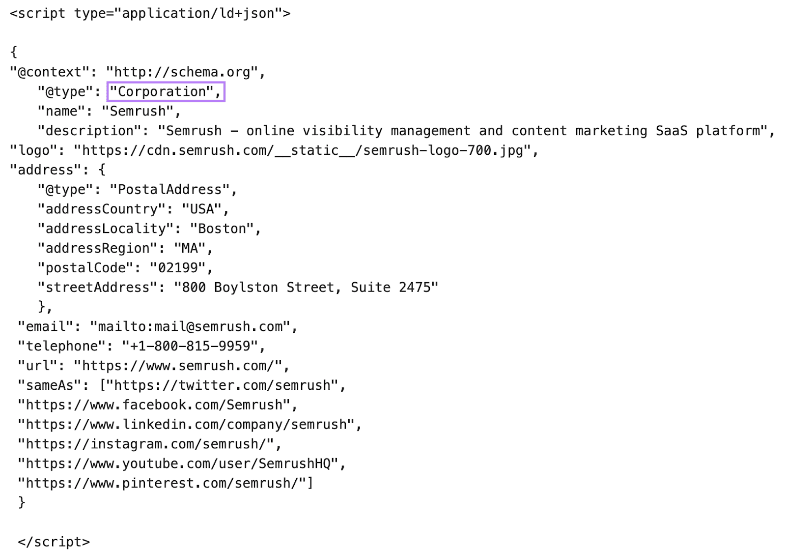 an example of a filled-out version of an organization schema from the Semrush website