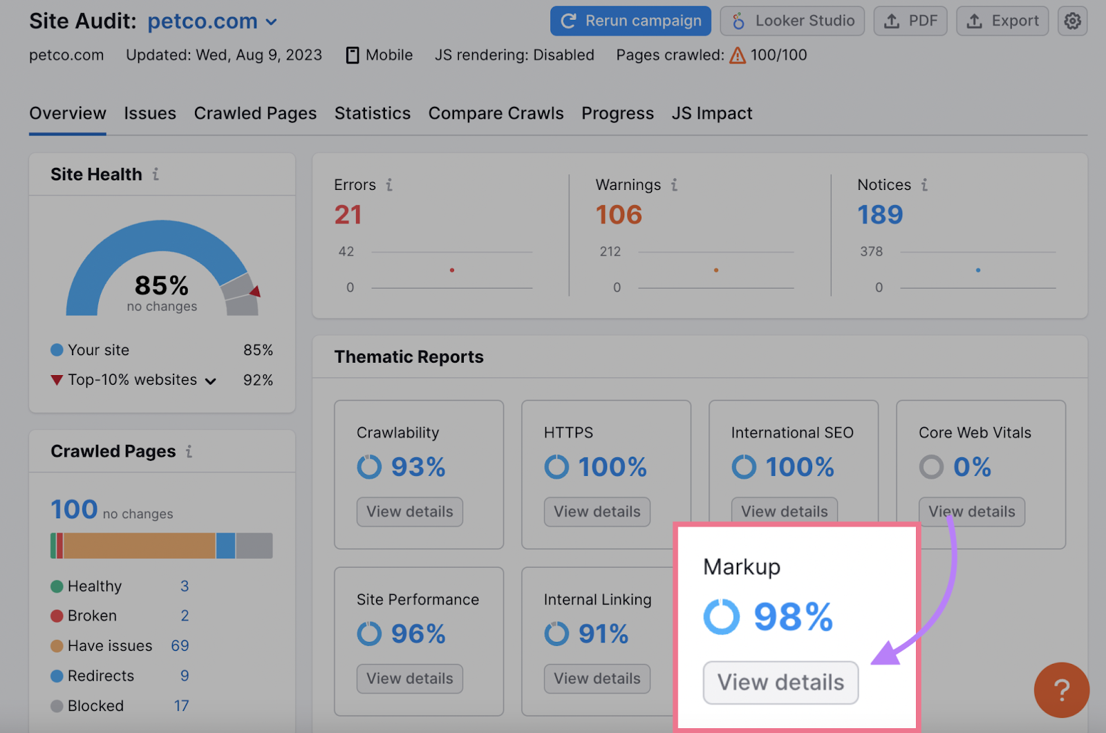 “Markup” section highlighted in Site Audit tool