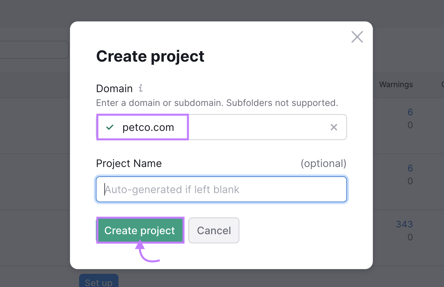 "Create project" page in Site Audit tool