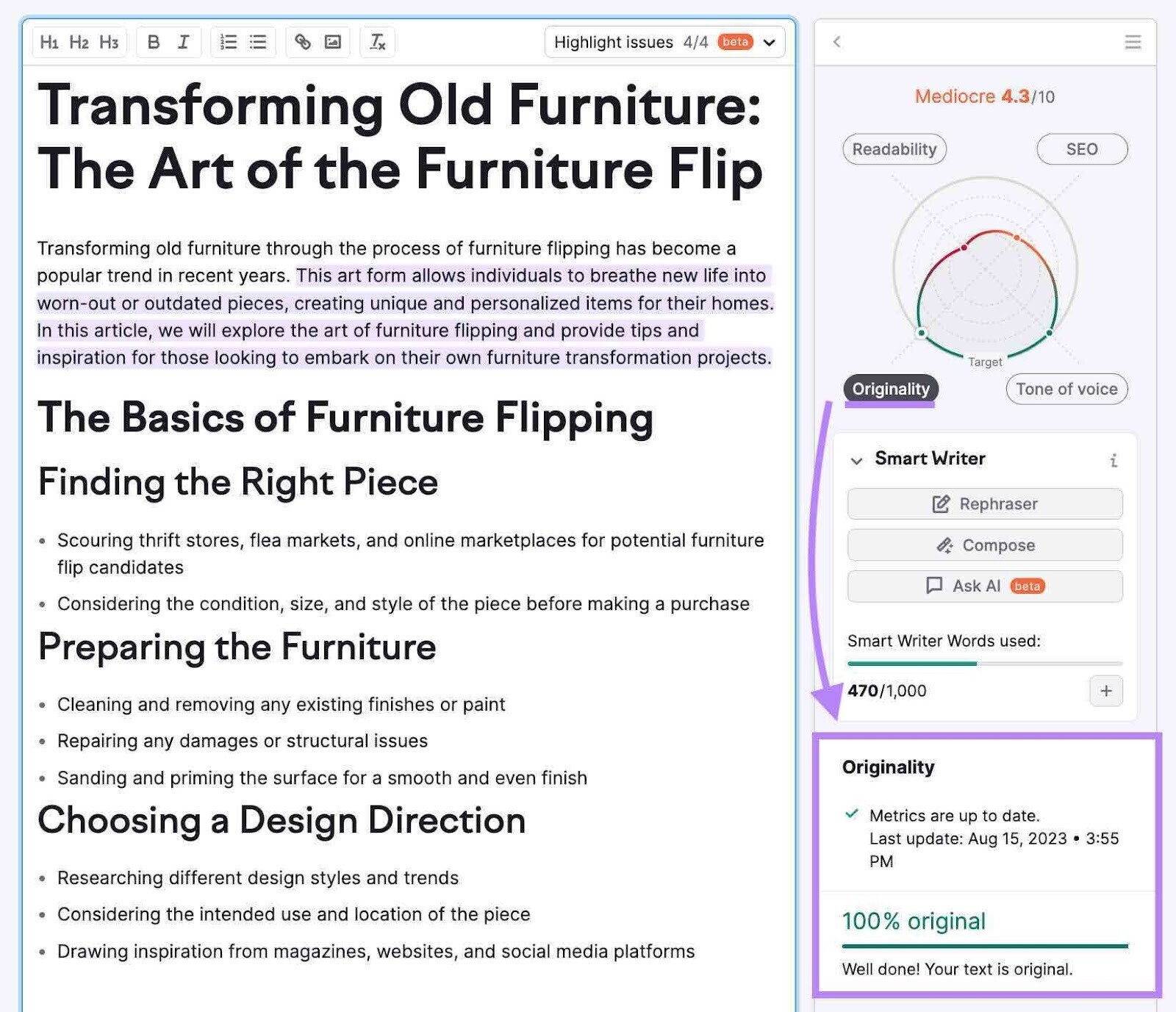 SEO Writing Assistant interface, with content on the left and readability, SEO, originality, and tone of voice measures on the right