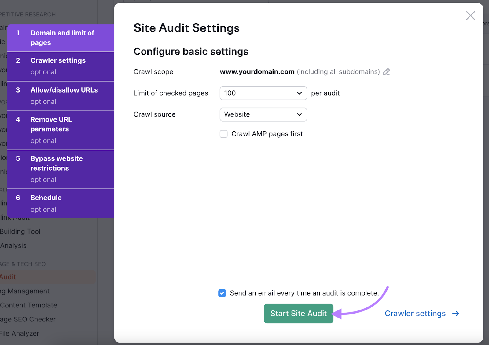 Site Audit Settings page