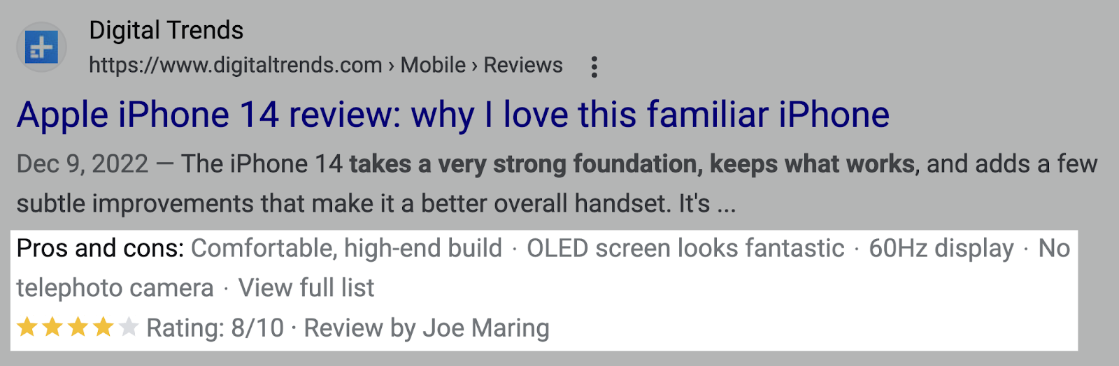an example of a review snippet for Apple iPhone 14 on Digital Trends website