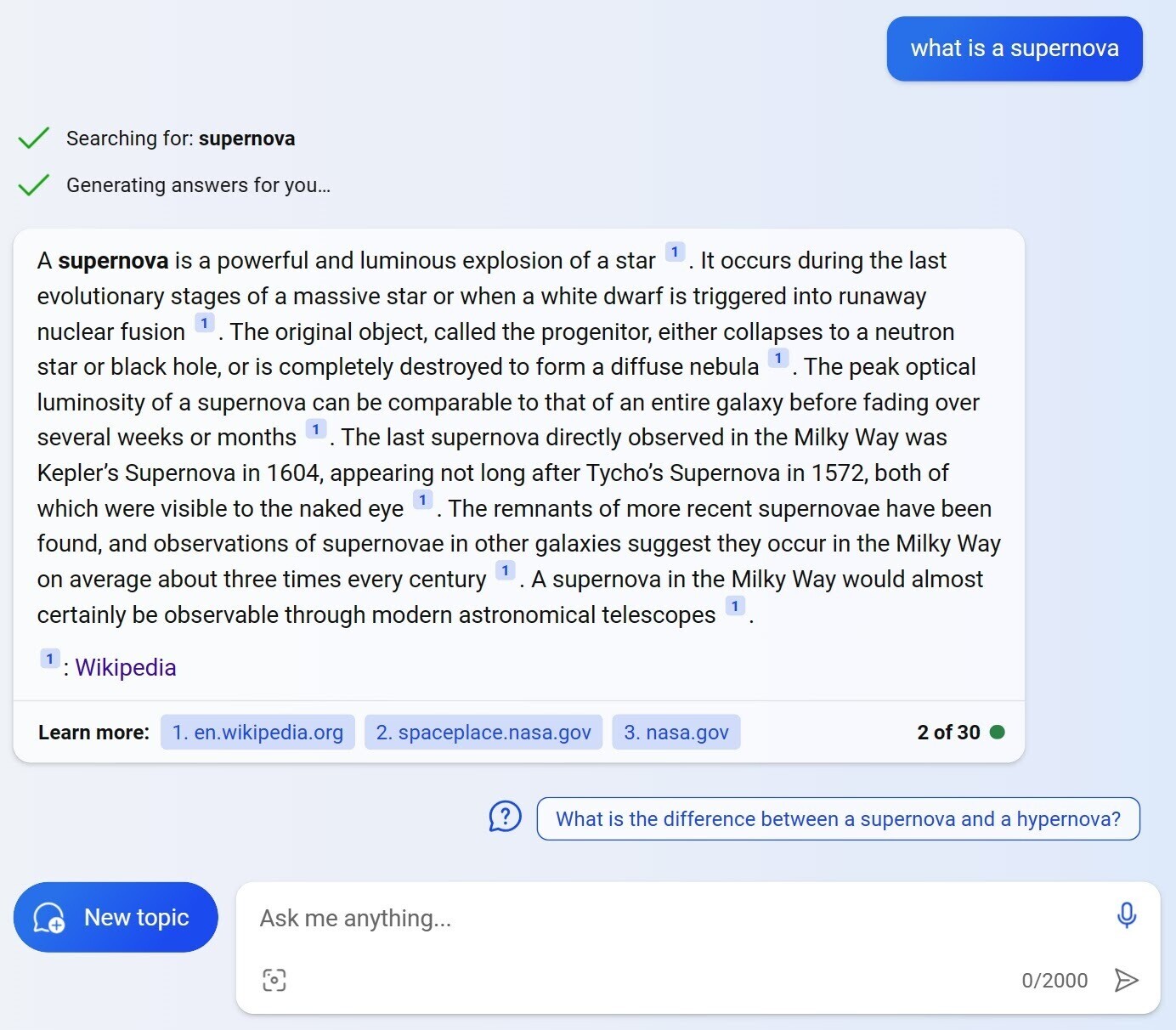 Bing Chat response for "what is a supernova" search query