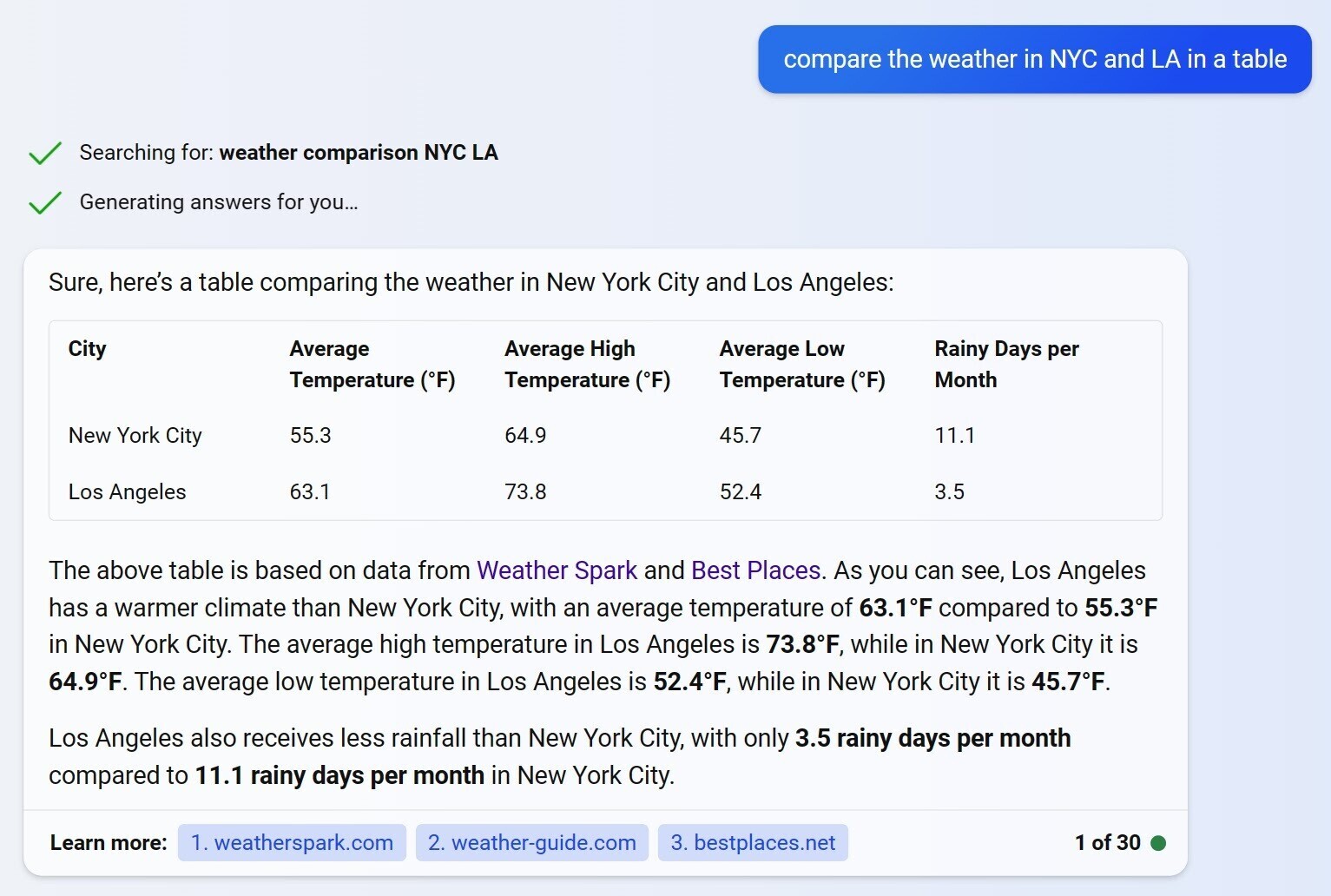 an example of “compare the weather in NYC and LA in a table” query in Bing