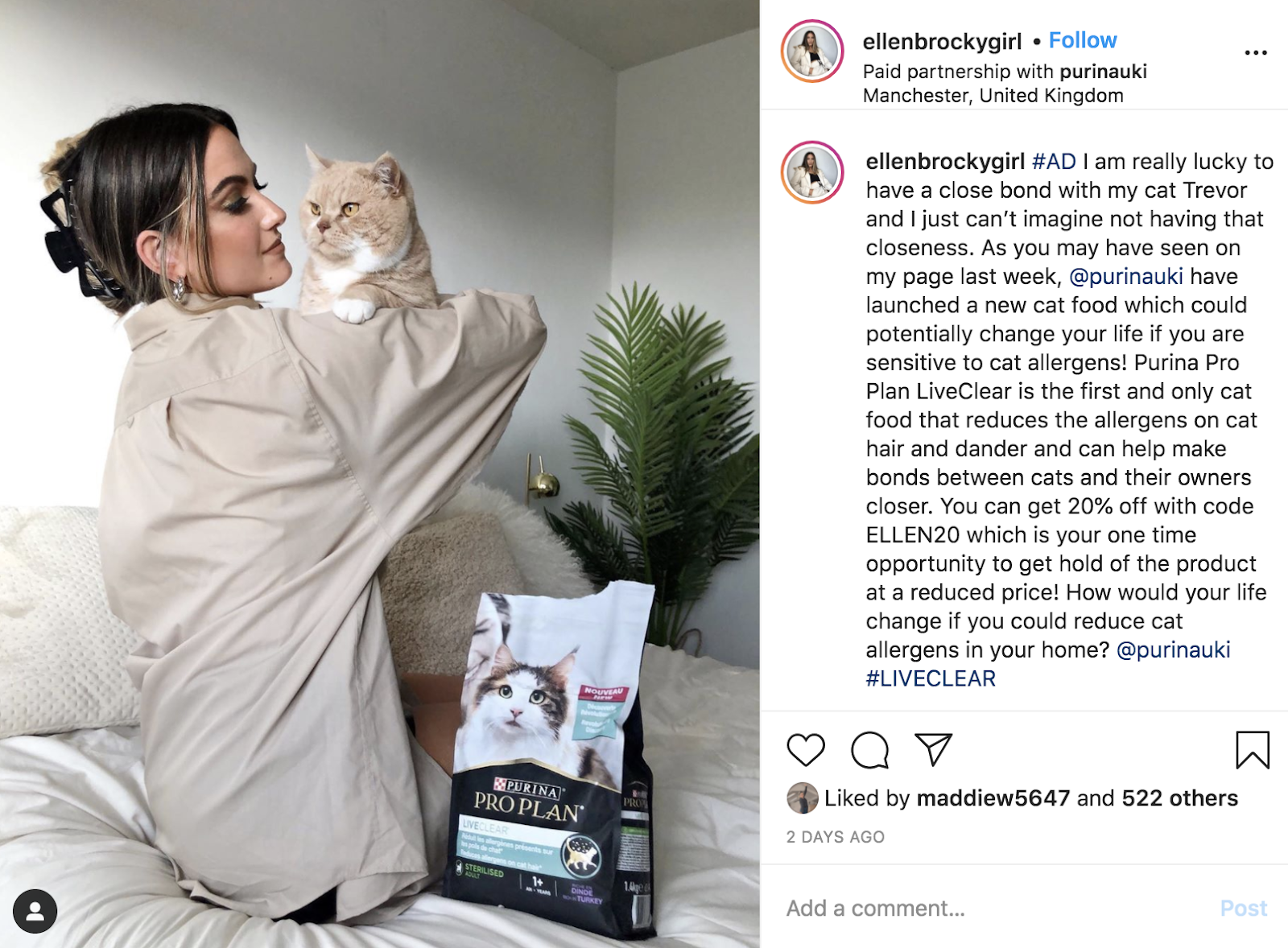 a post promoting Purina cat food from Instagram creator @ellenbrockygirl