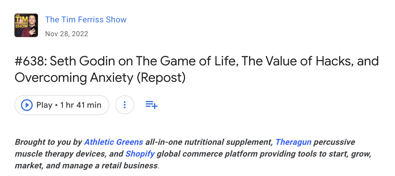 The Tim Ferriss Show podcasts mentioning its sponsors in the description, including Shopify
