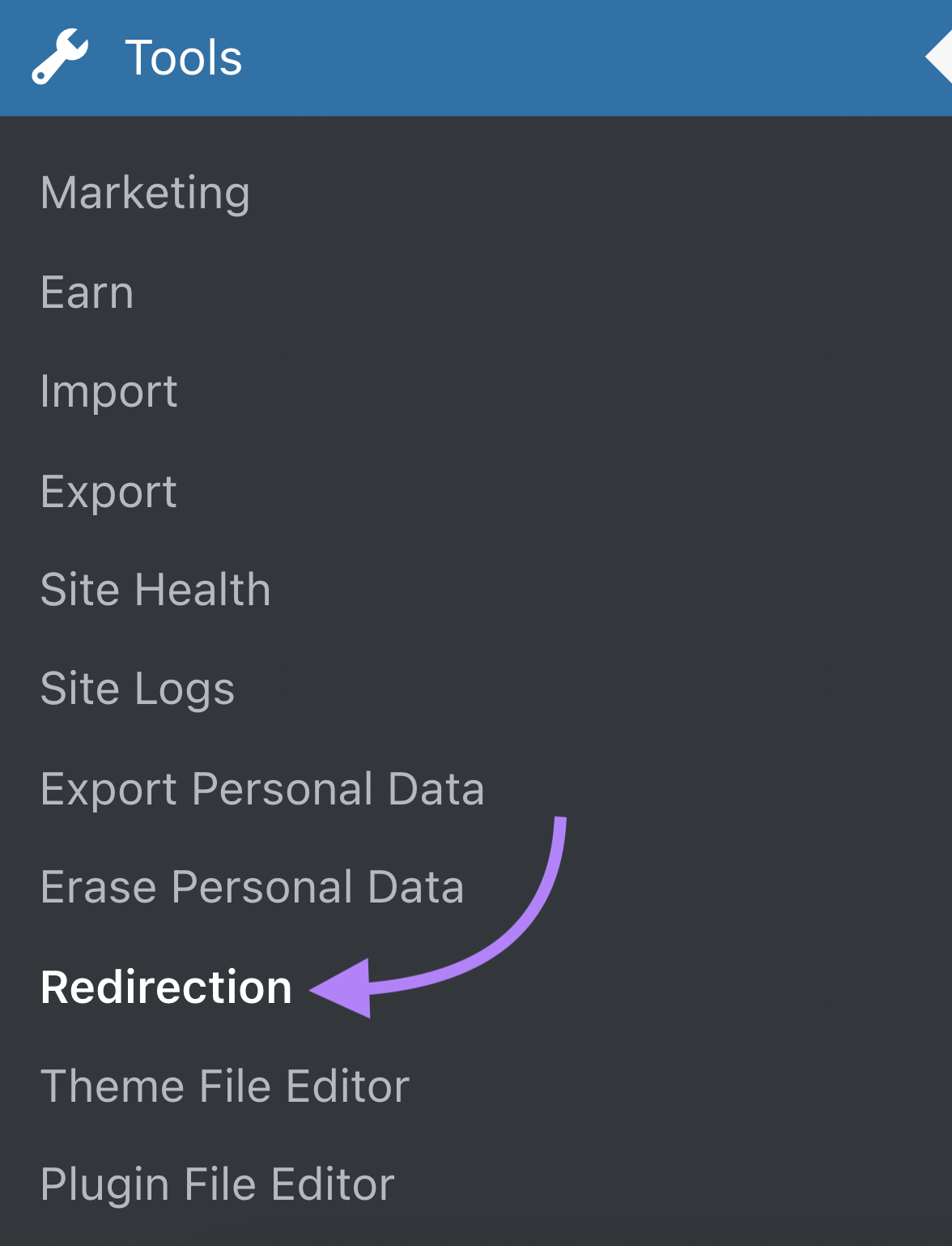 “Redirection” button highlighted in the "Tools" section of the menu