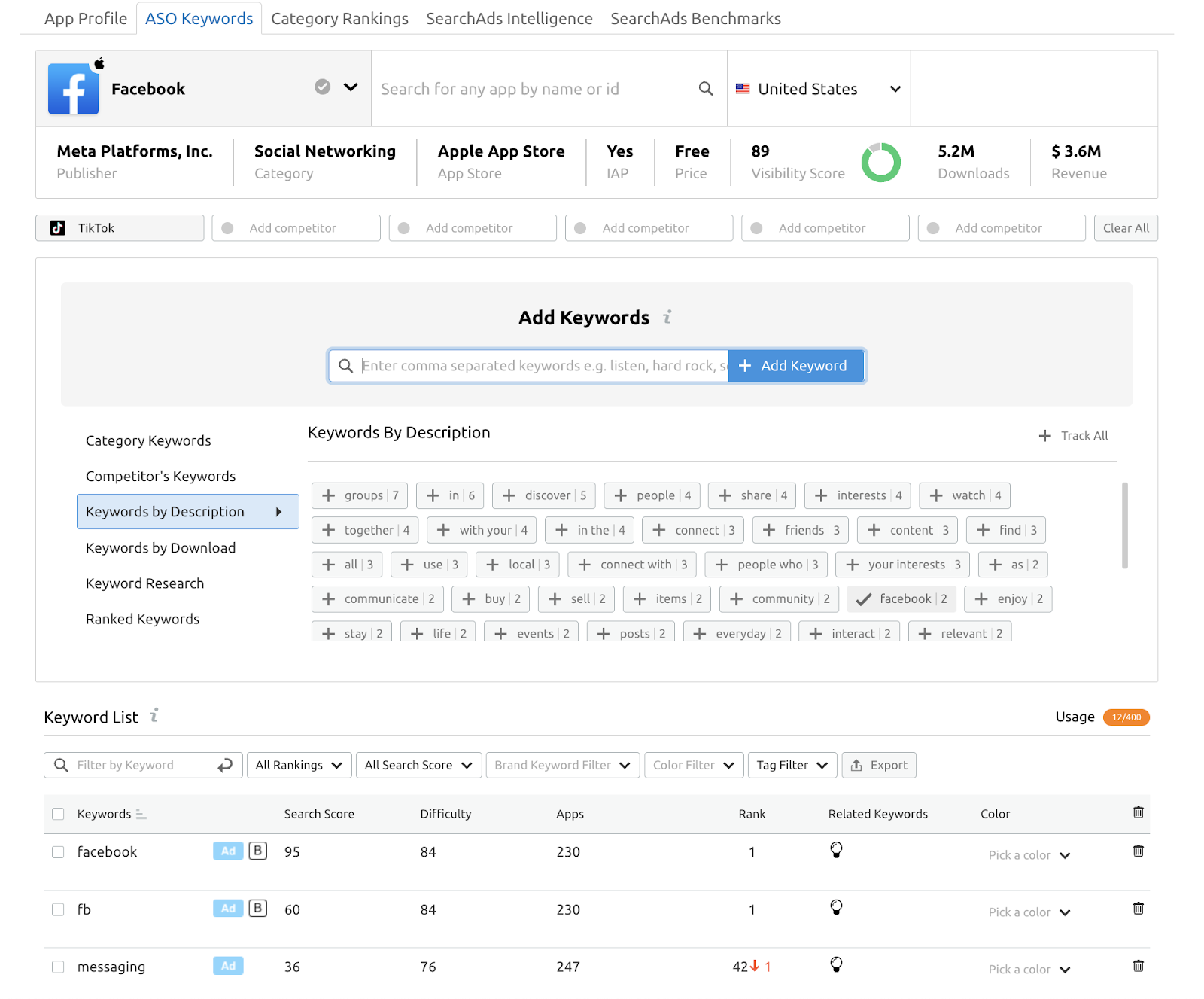 Keyword research in the Mobile App Insights app