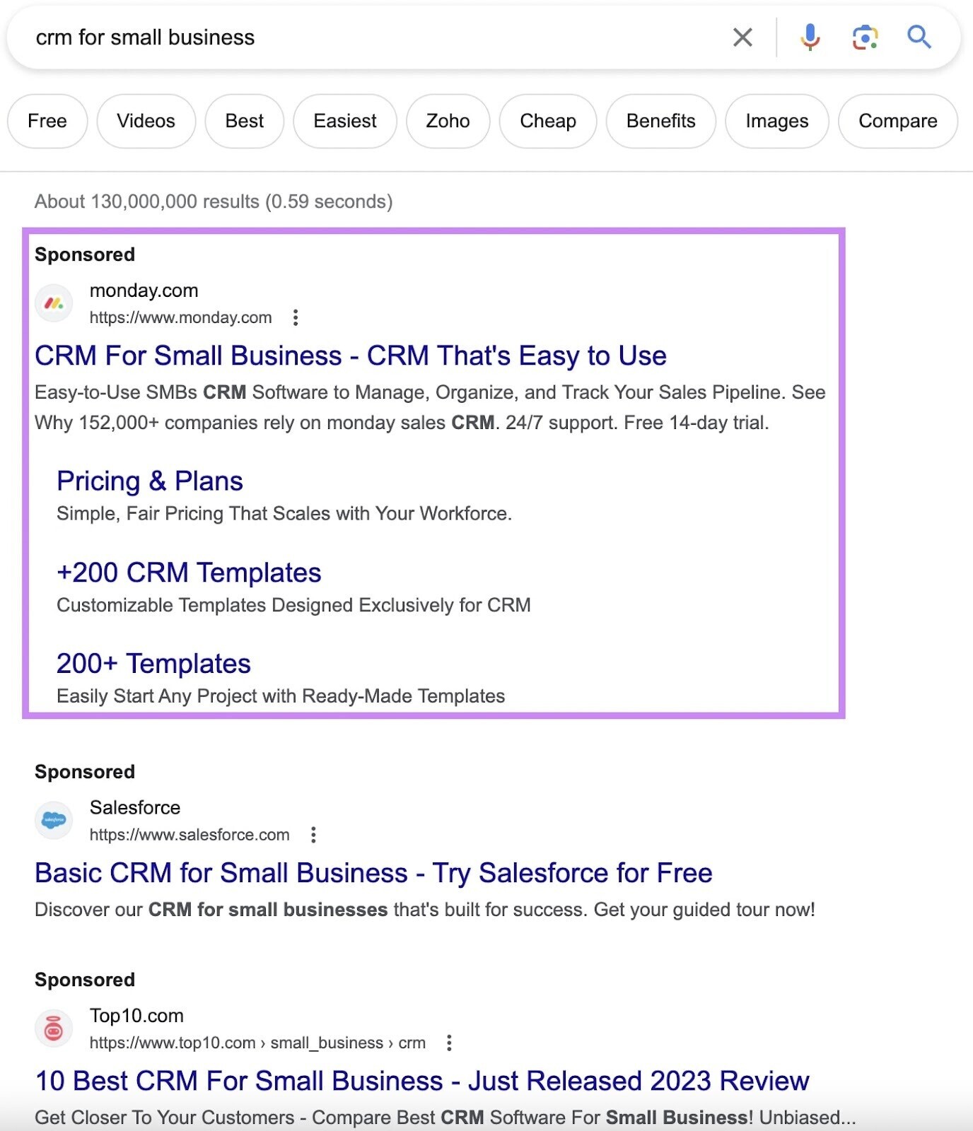 paid result from Monday.com for “CRM for small business” search