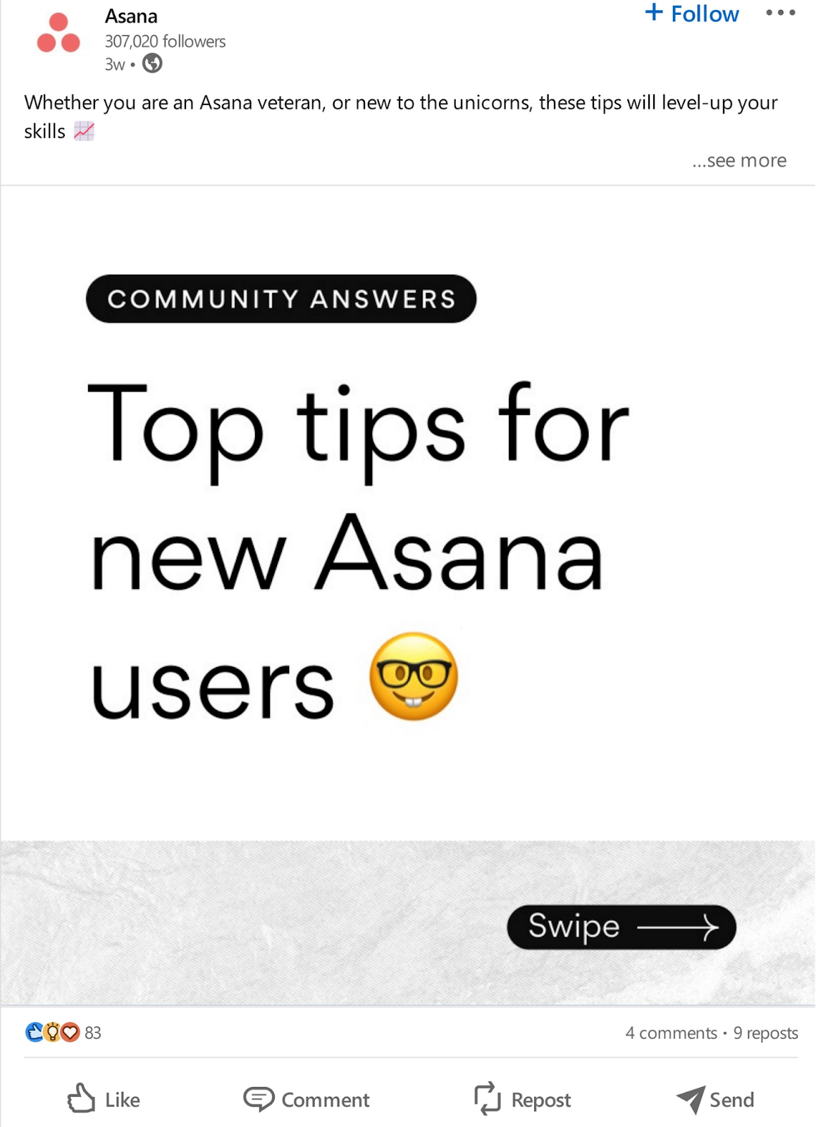 LinkedIn post from Asana about top tips for new users