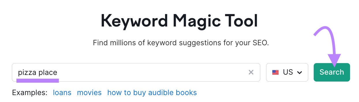 search for "pizza place" in Keyword Magic Tool