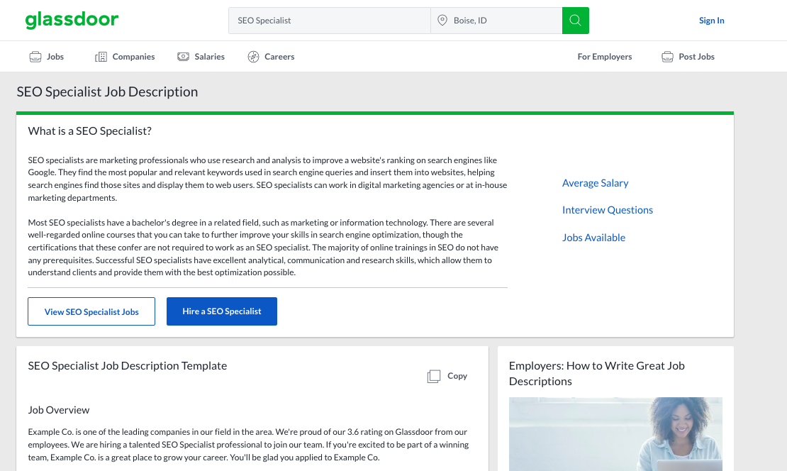 an example of SEO specialist job description on Glassdoor