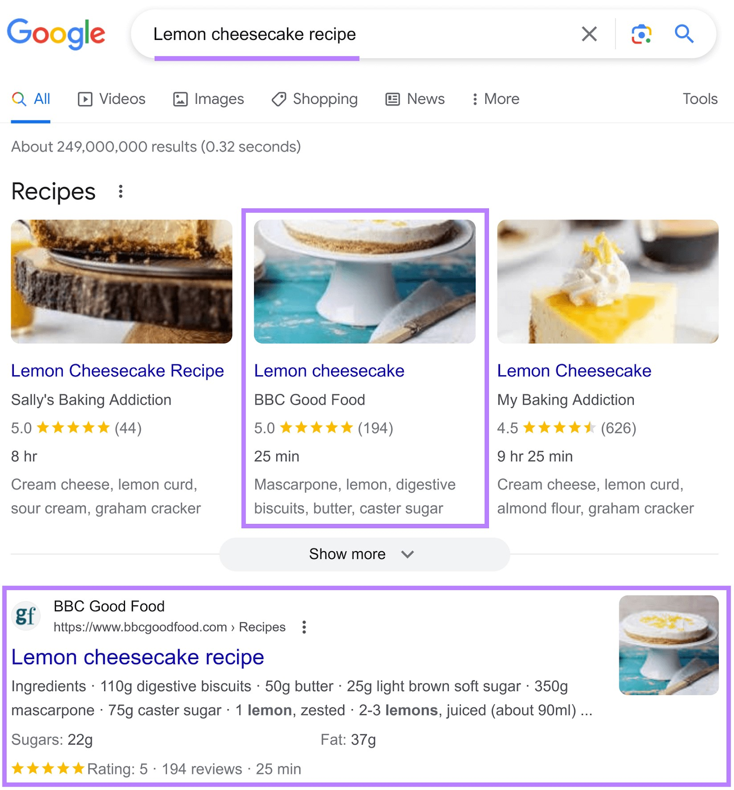 BBC Good Food ranks for "Lemon cheescake recipe" query