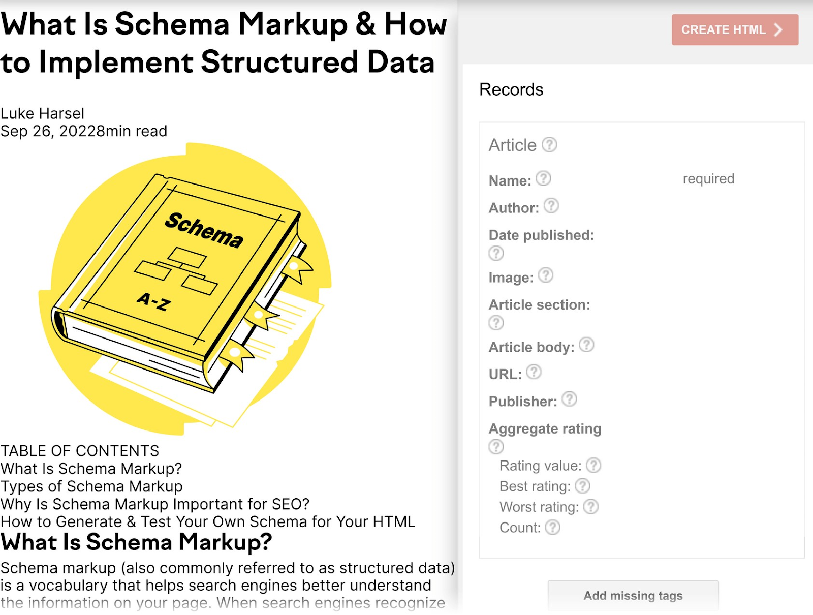 an example of the webpage on the left and data items on the right