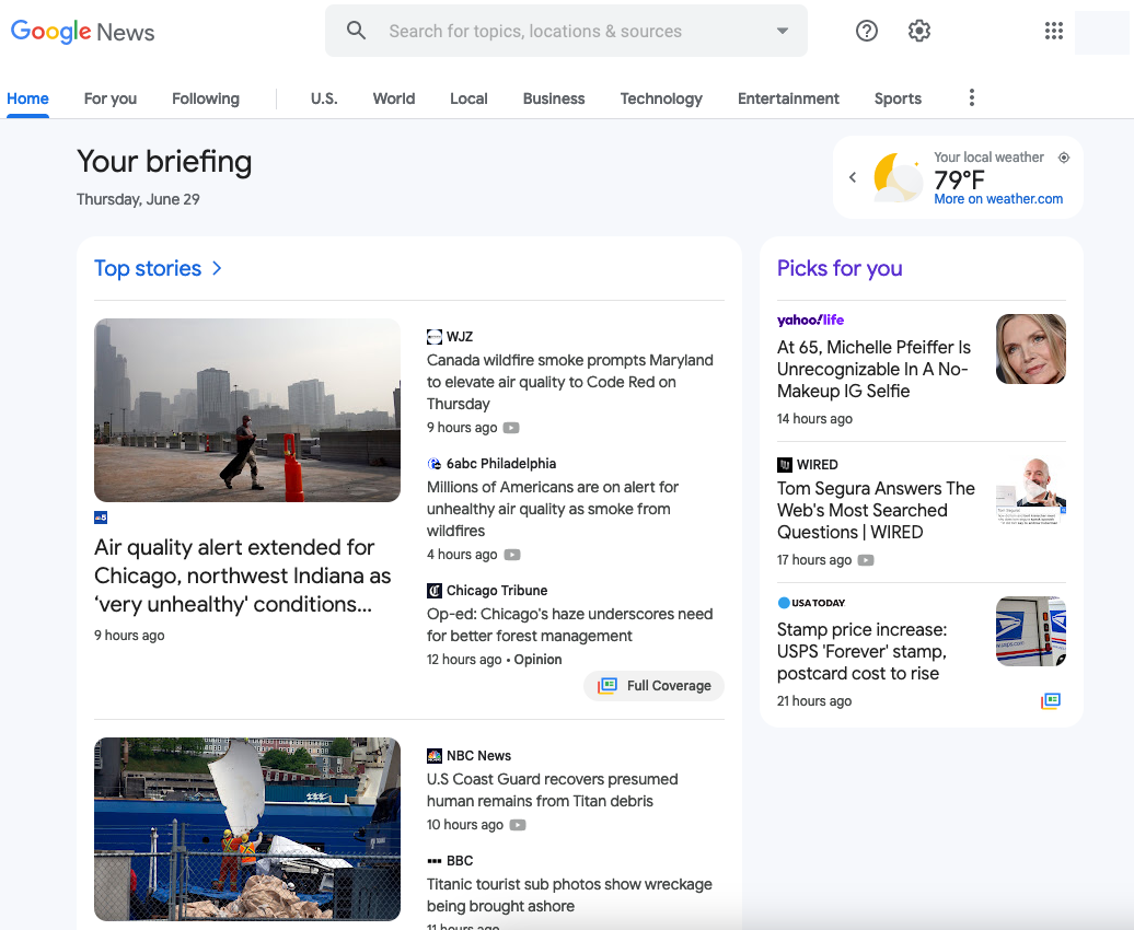 Google News homepage