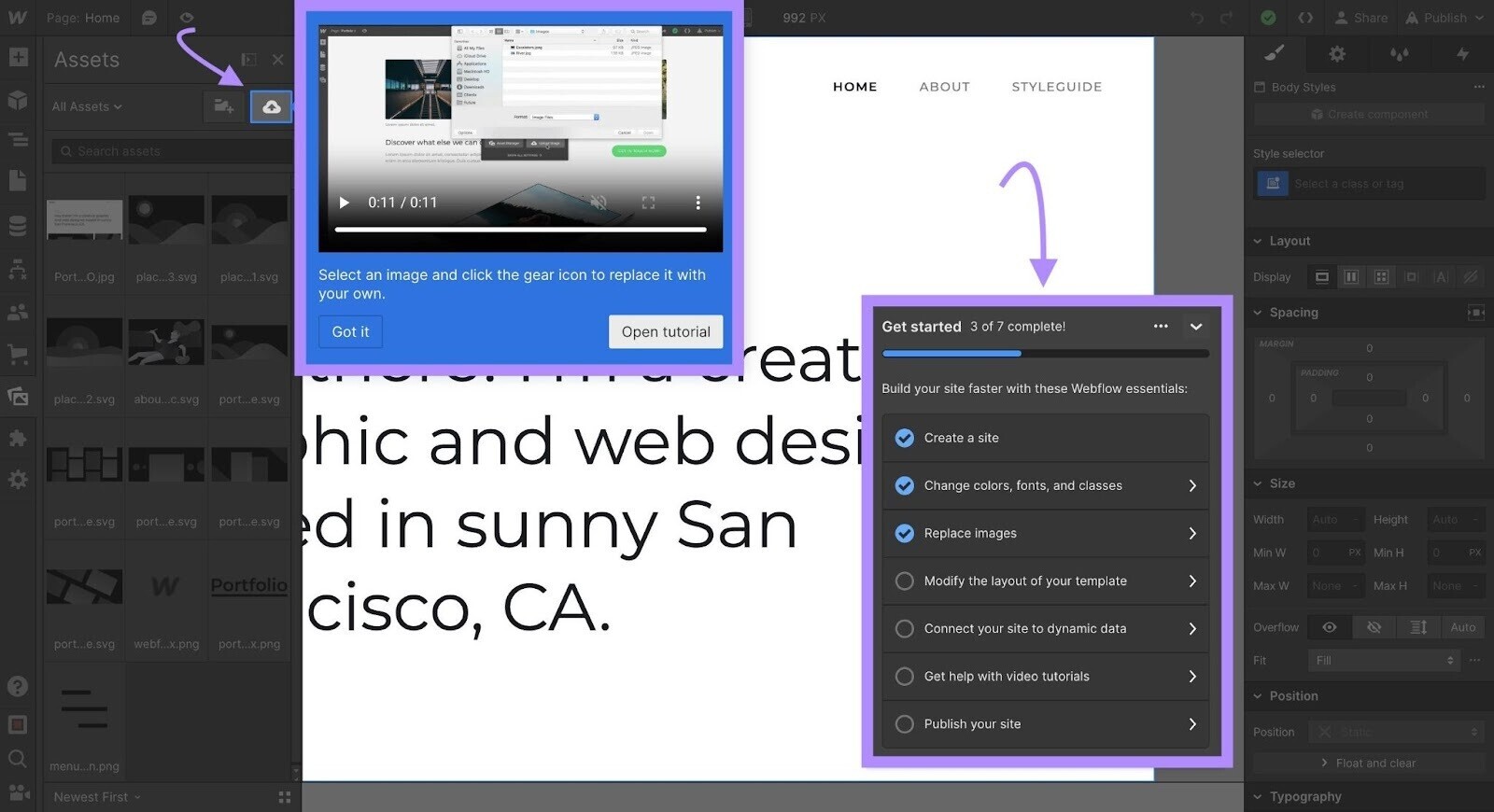 Webflow guides users to learn what each section does