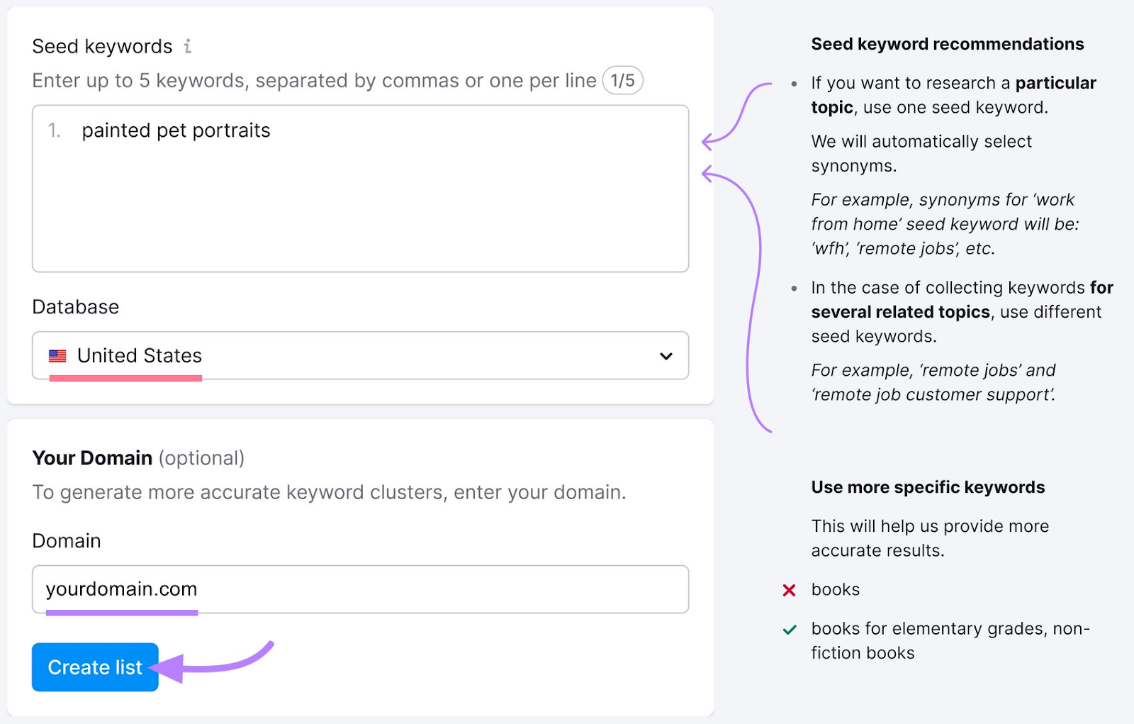 steps to creating a list in Keyword Manger tool shown