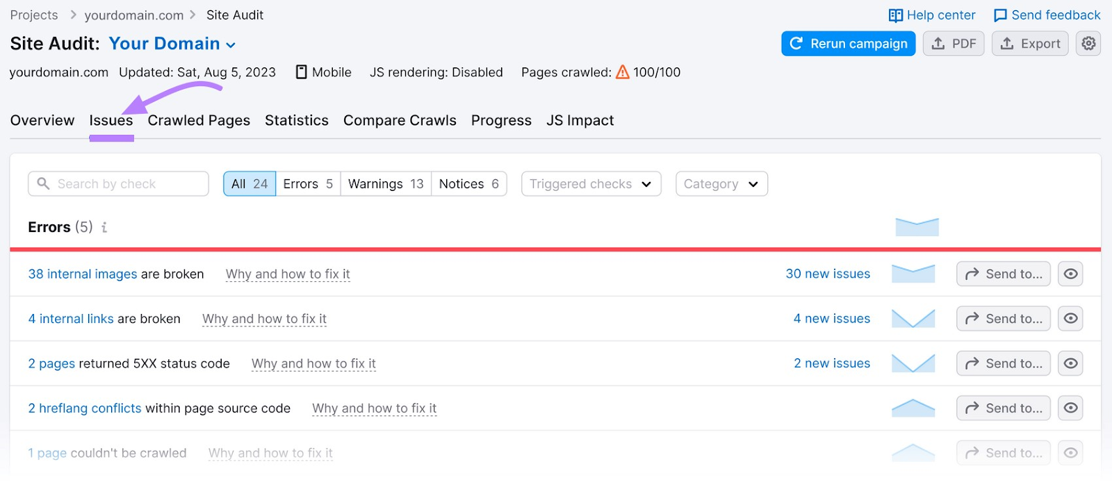 “Issues” tab in Site Audit tool