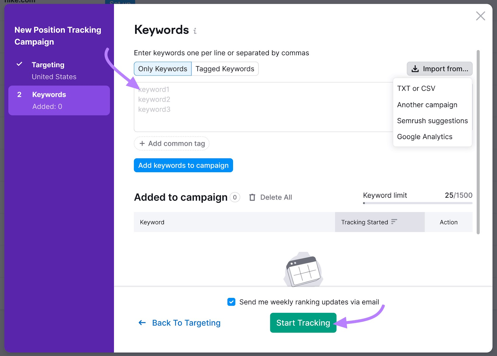 “Keywords” configuration page