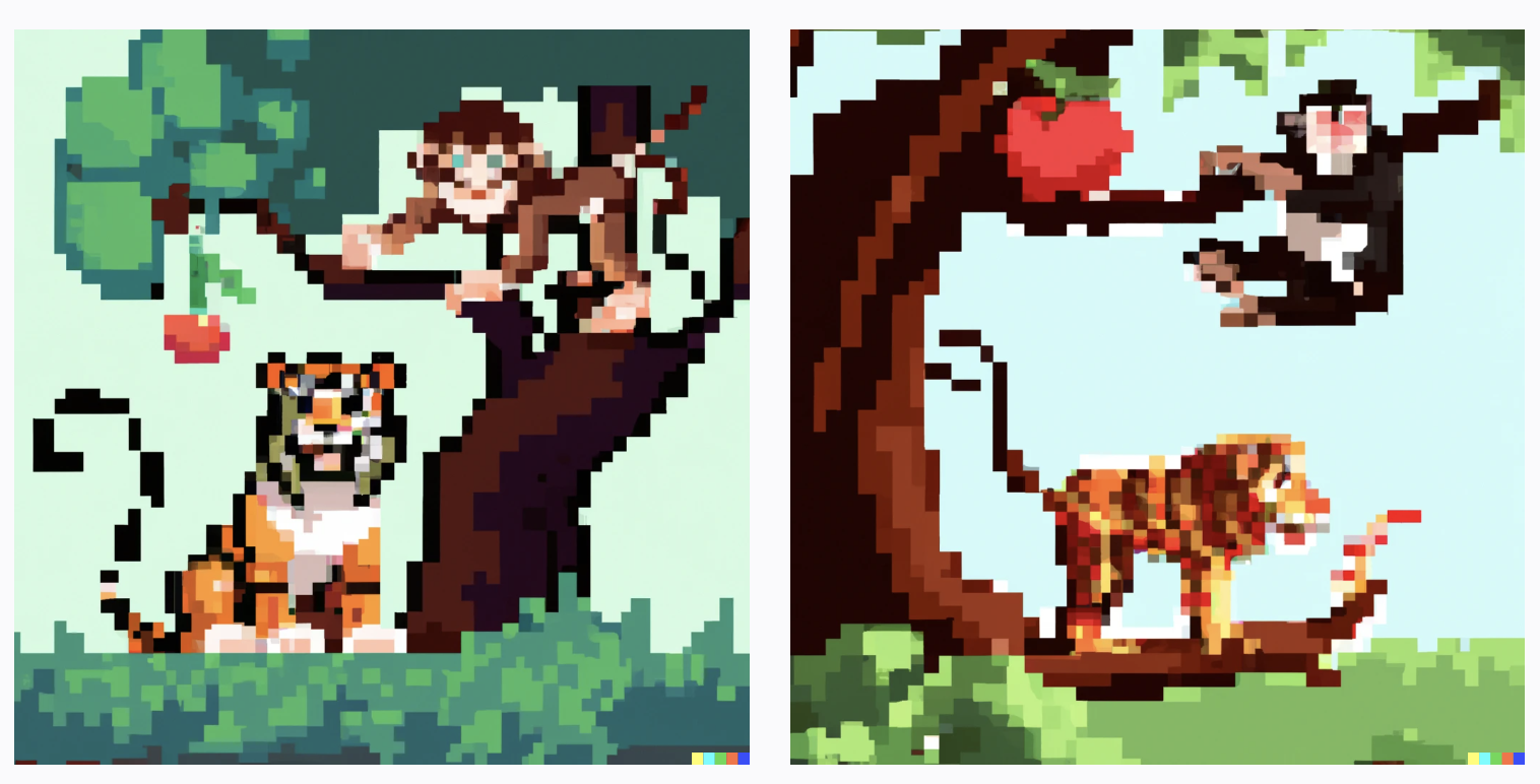 two image results for “A tiger climbing a tree in the jungle with a monkey sitting on a branch eating an apple, pixel art” prompt