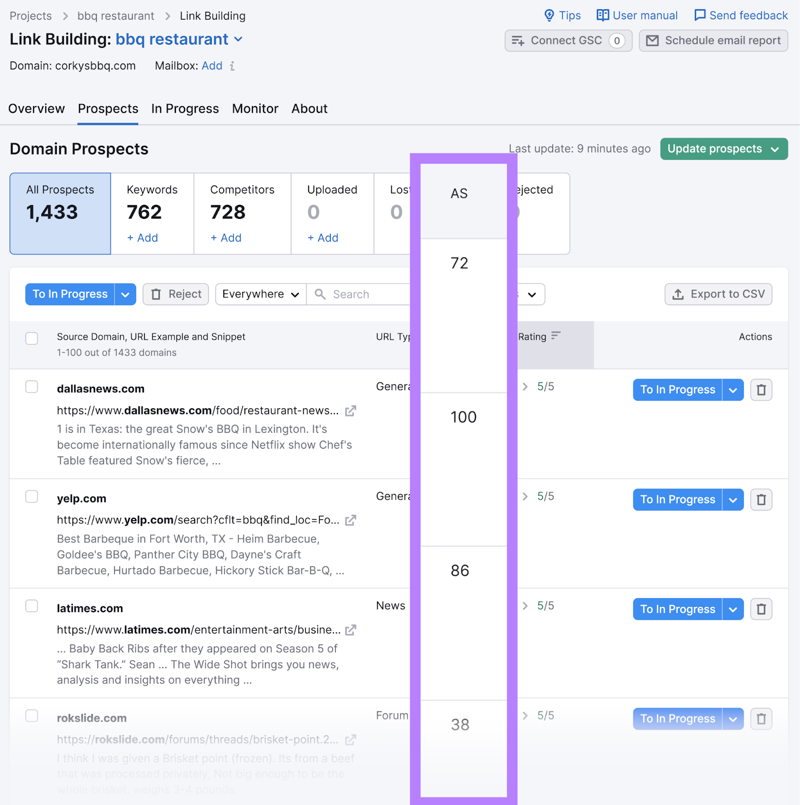 Authority Score column highlighted for "bbq restaurant" search results in Link Building