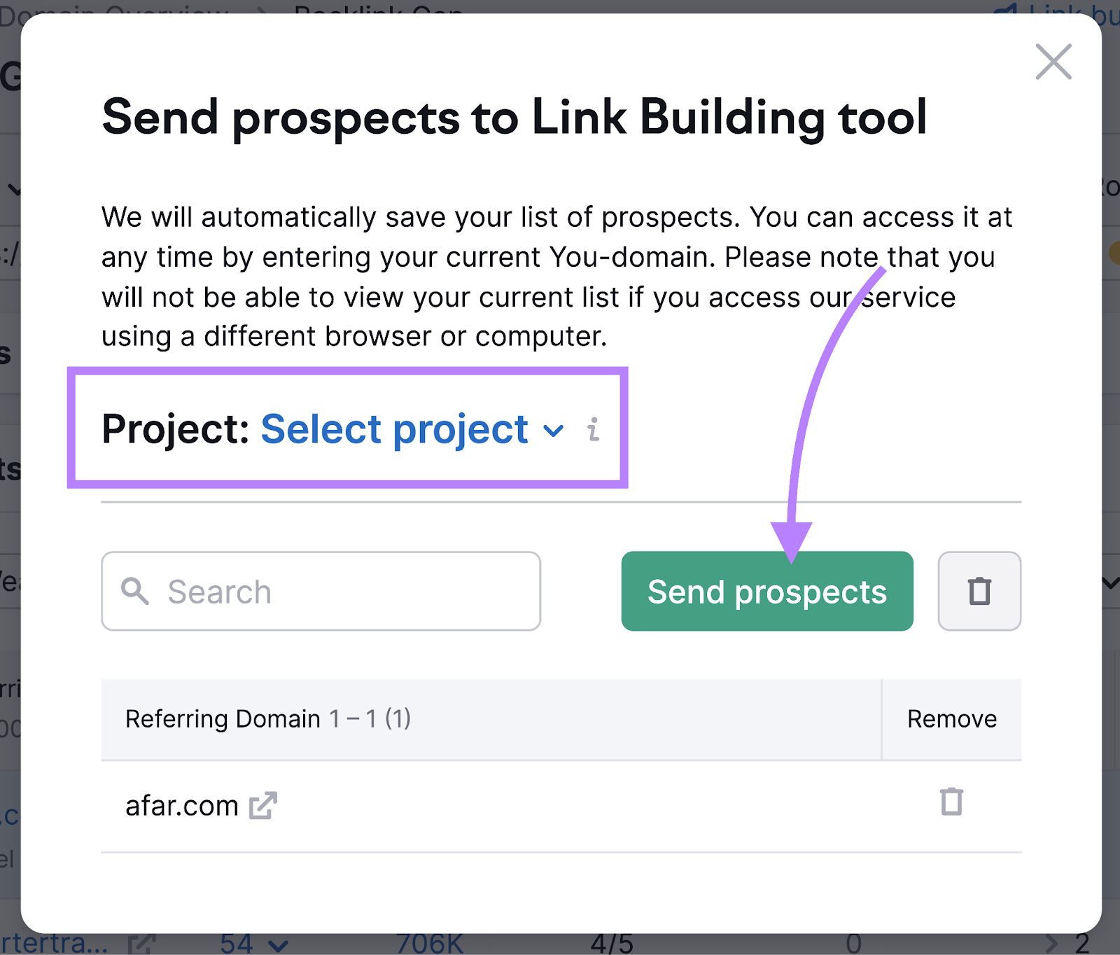 "Send prospects to Link Building tool" pop-ip window