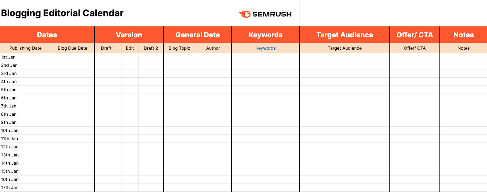 Blogging Editorial Calendar Template in spreadsheets