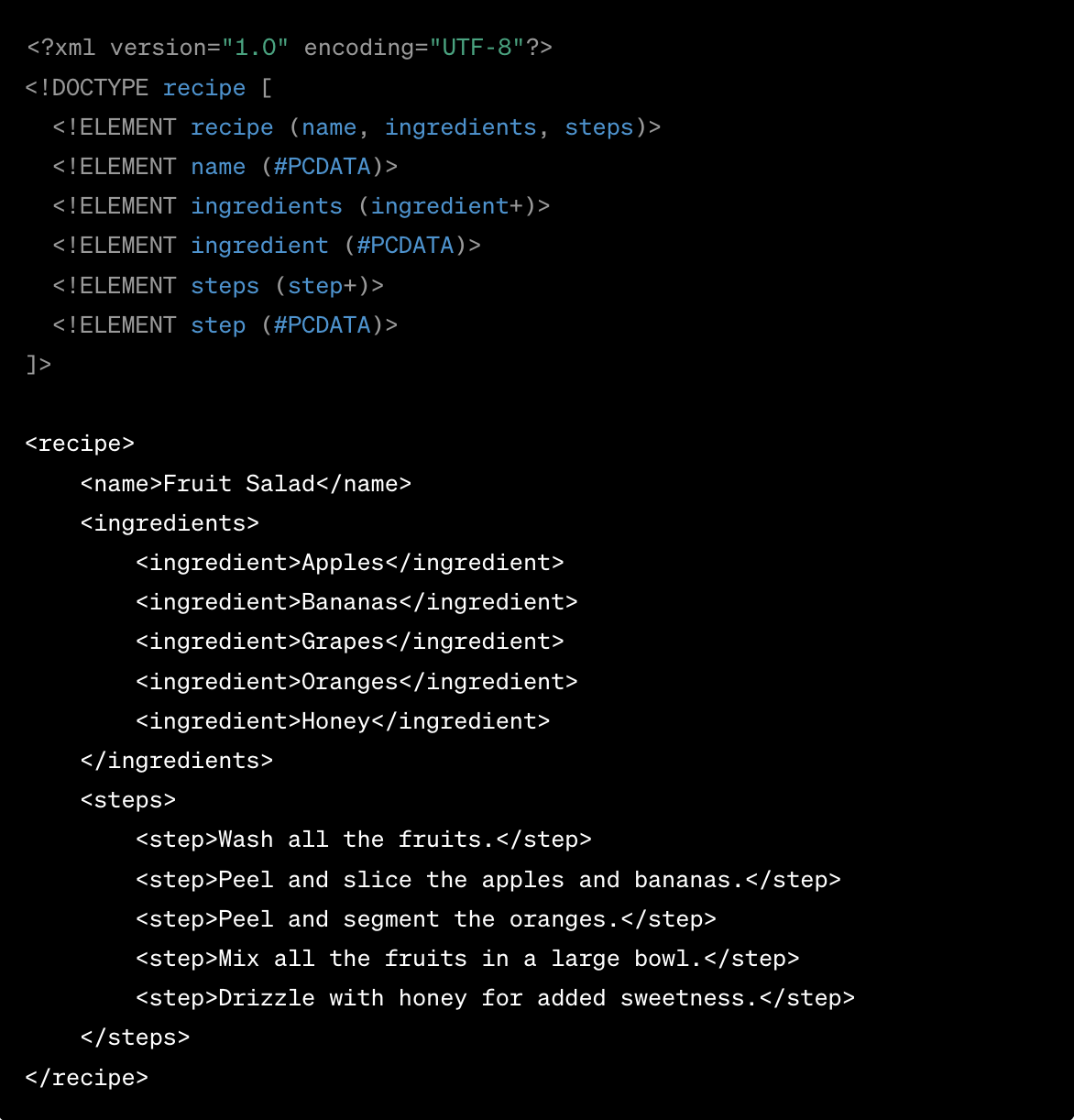 A fruit salad recipe described in XML