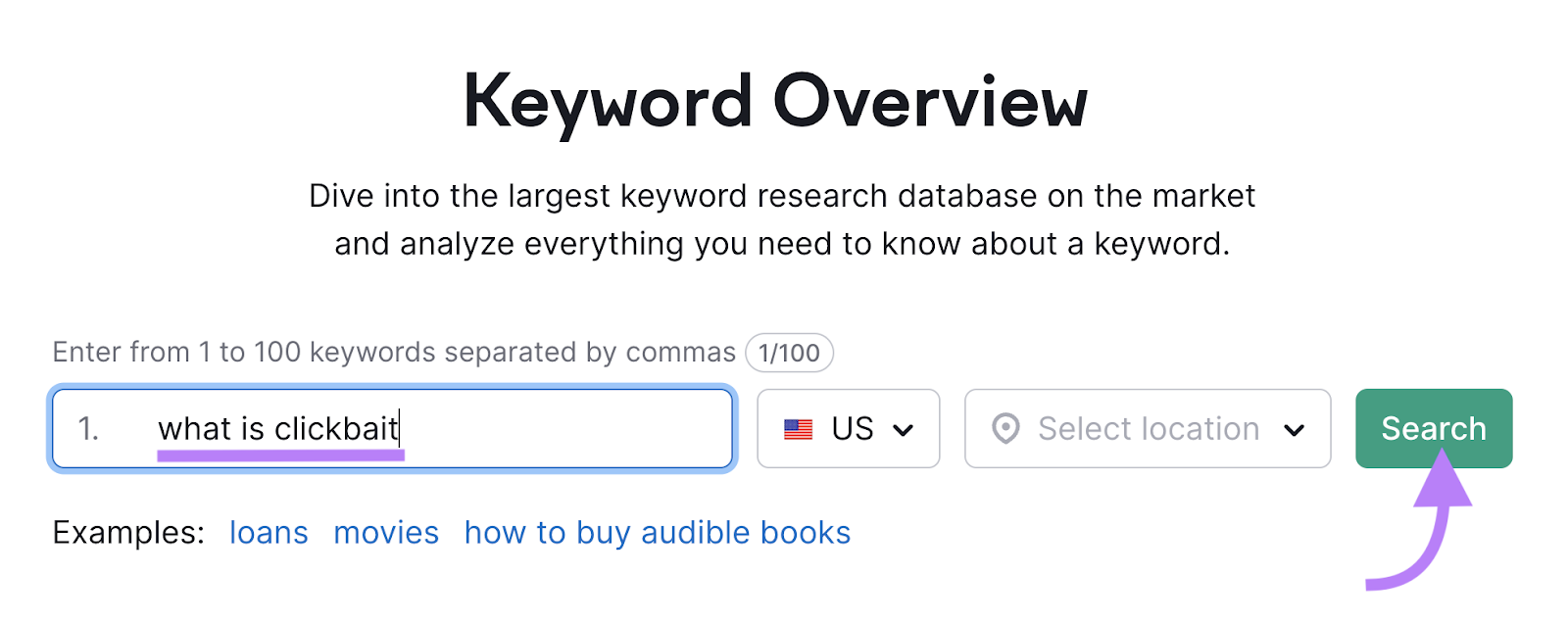 Searching for "what is clickbait" in Keyword Overview tool