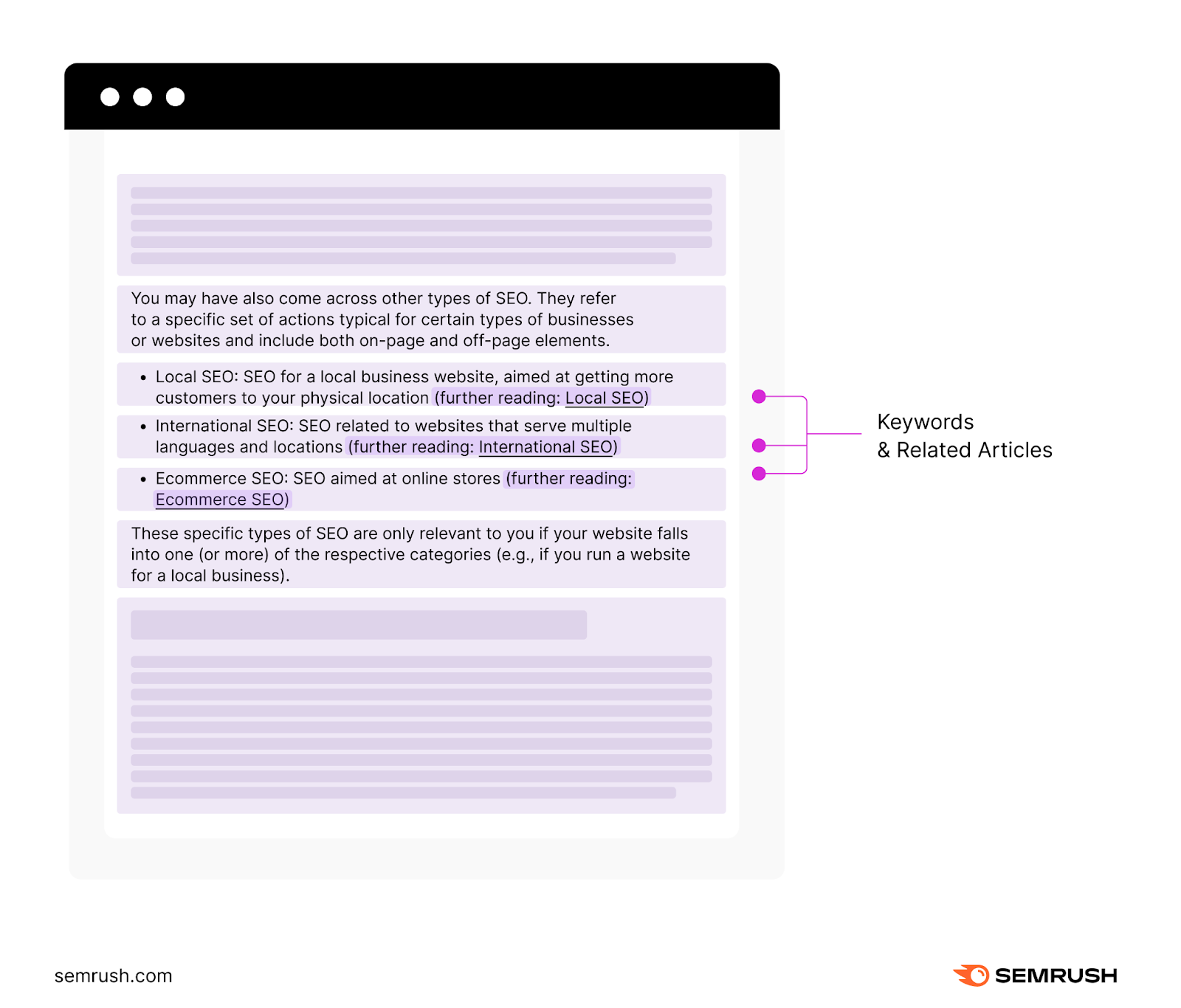 An infographic highlighting optimized keywords and related articles in the article section