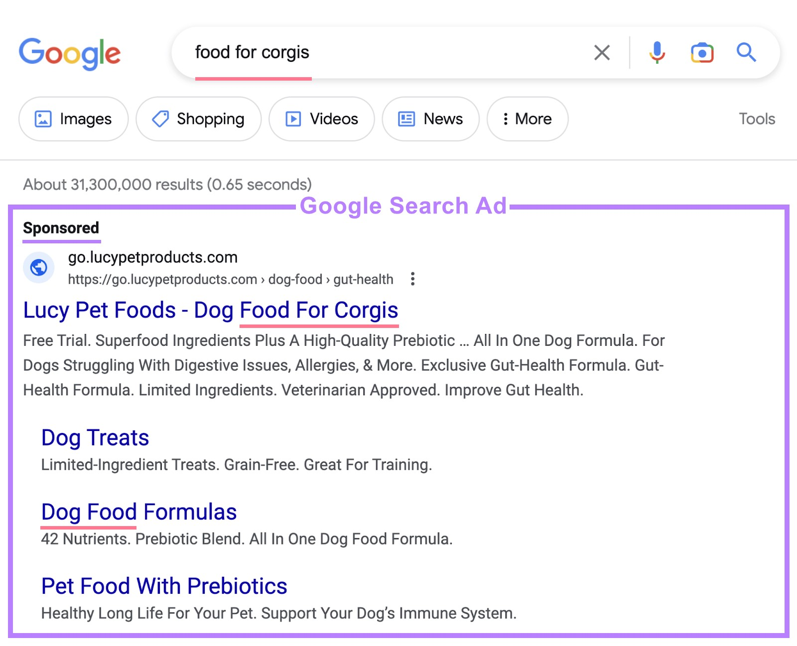 Google Search Ad for dog food on SERP