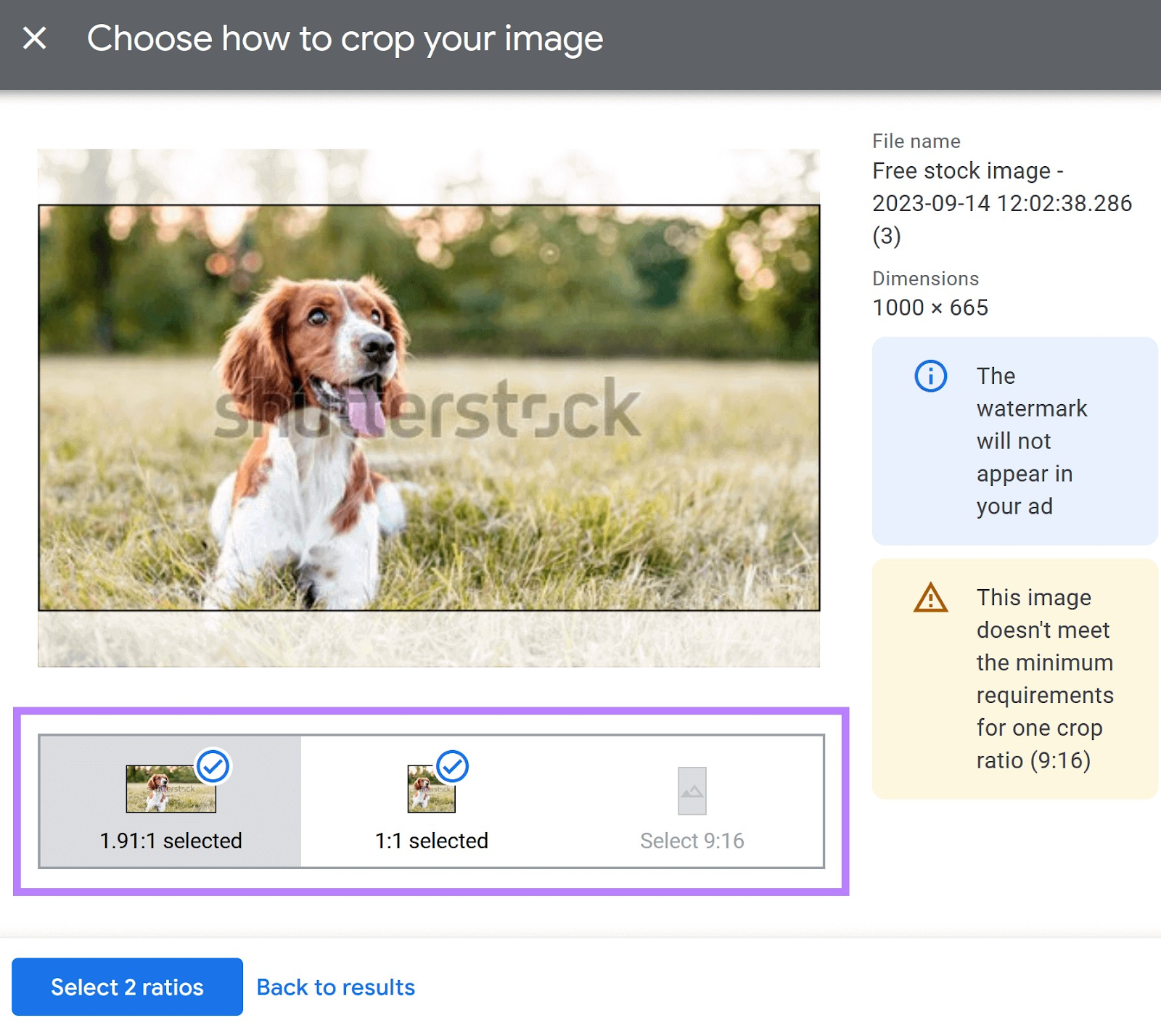 Images rations highlighted in "Choose how to crop your image" window
