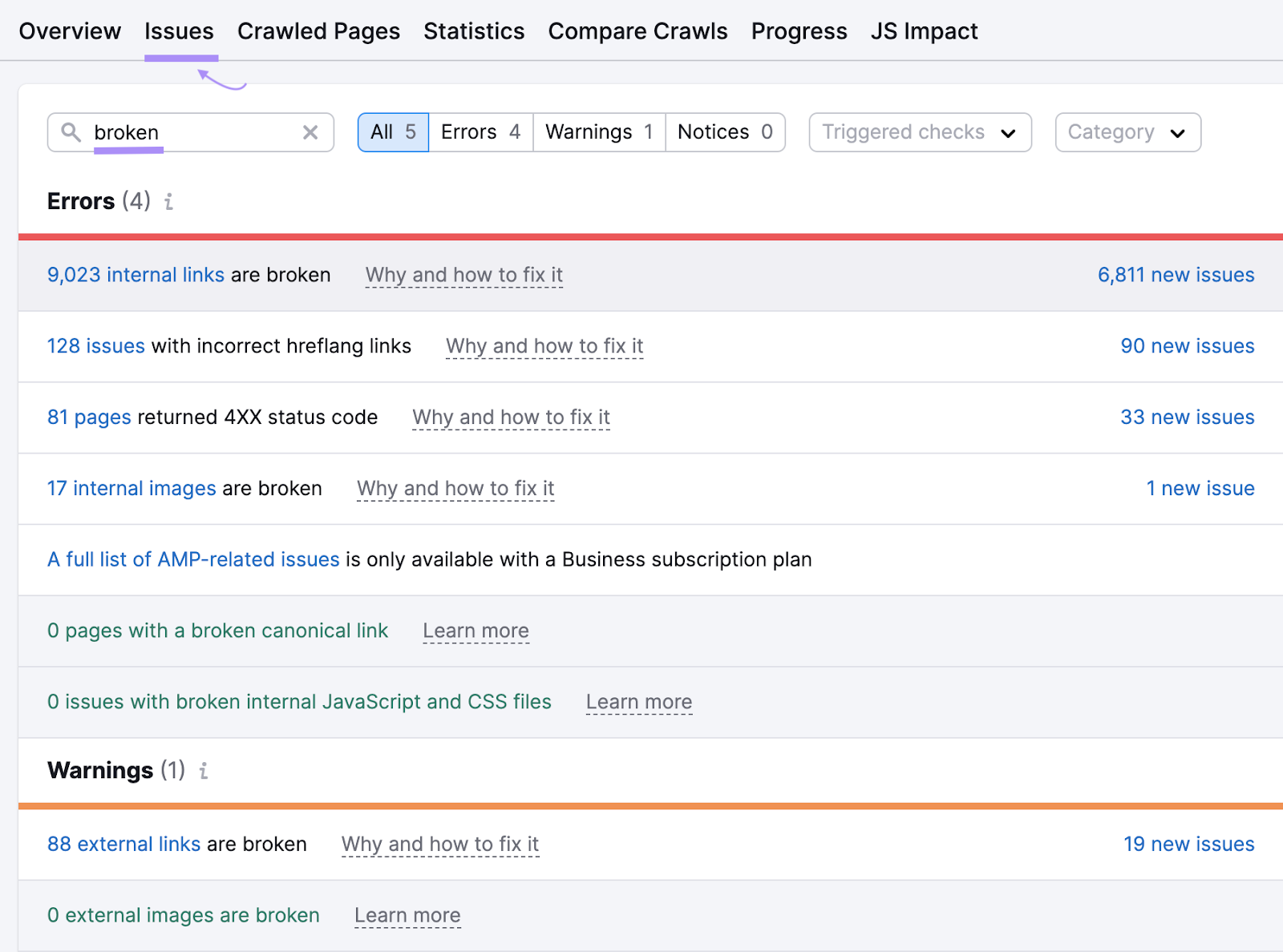 Site Audit tool finds broken links on your website