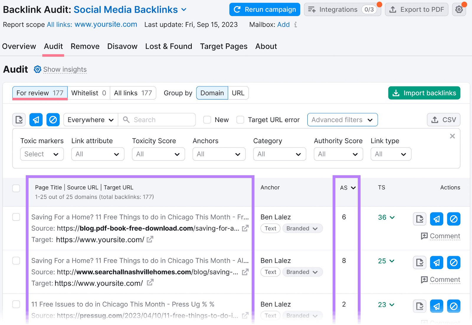 "Audit" tab in Backlink Audit tool with sites and AS metric highlighted