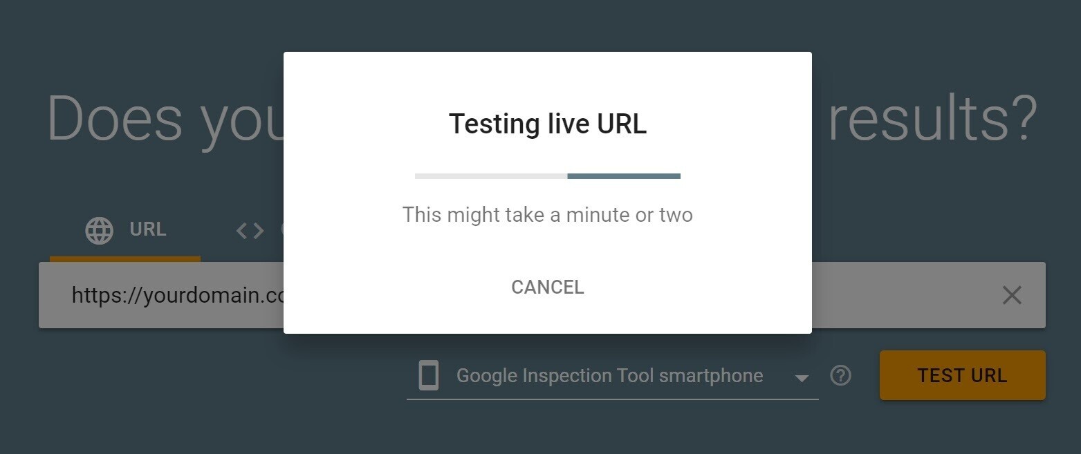 "Testing live URL" in Rich Results Test tool