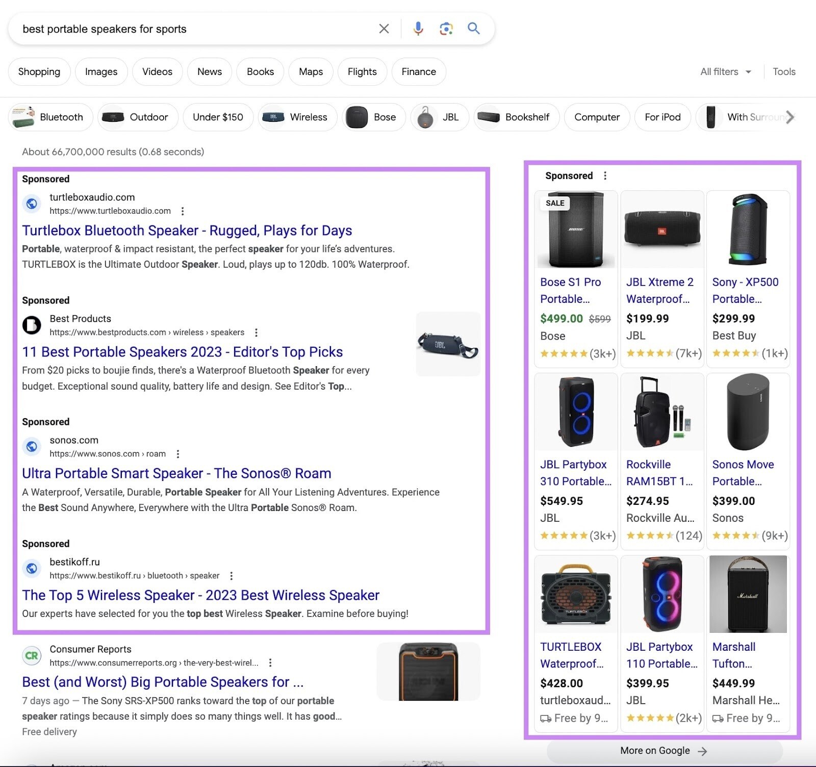 Google SERP for "best portable speakers for sports" search with ads highlighted in purple