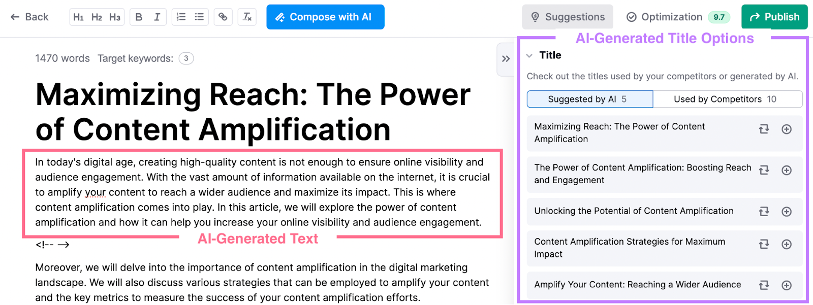 AI-generated text and AI-generated title options in SEO Writing Assistant