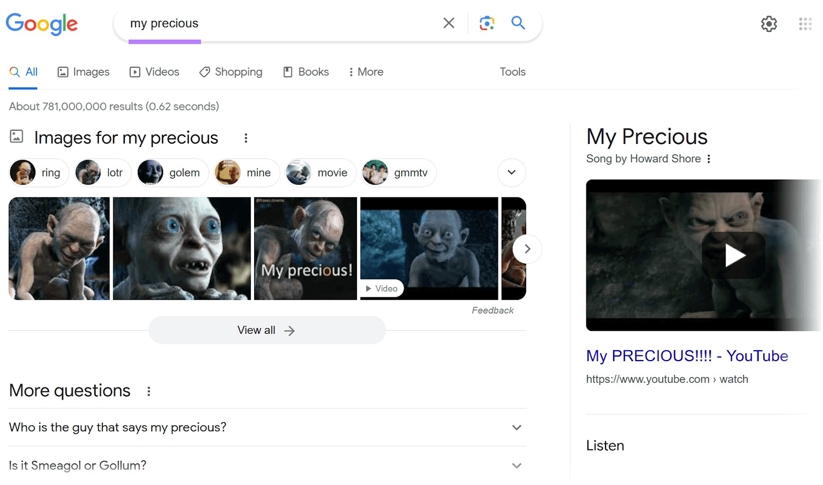 Google search for "my precious"