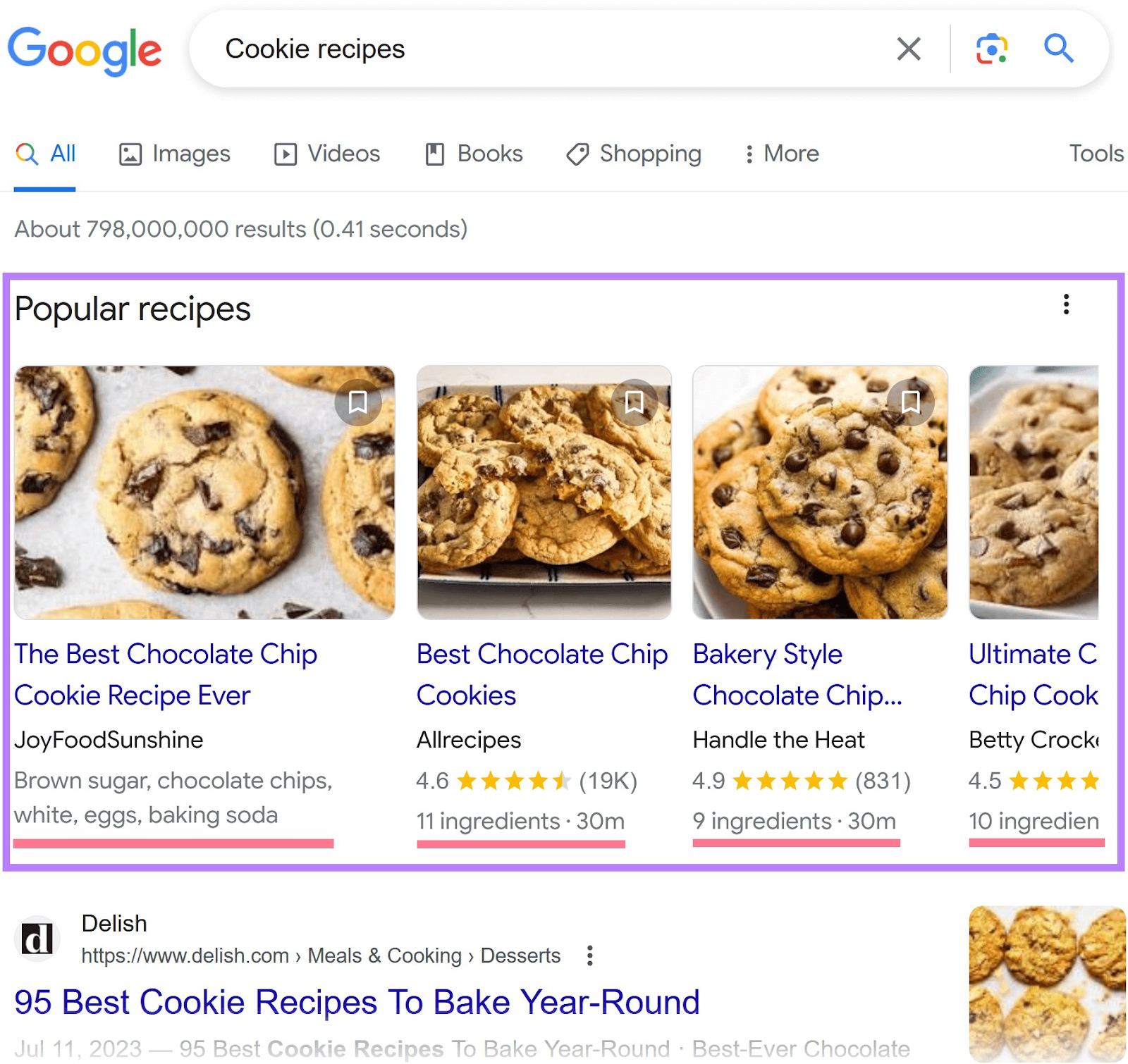 Google SERP for "cookie recipes" search