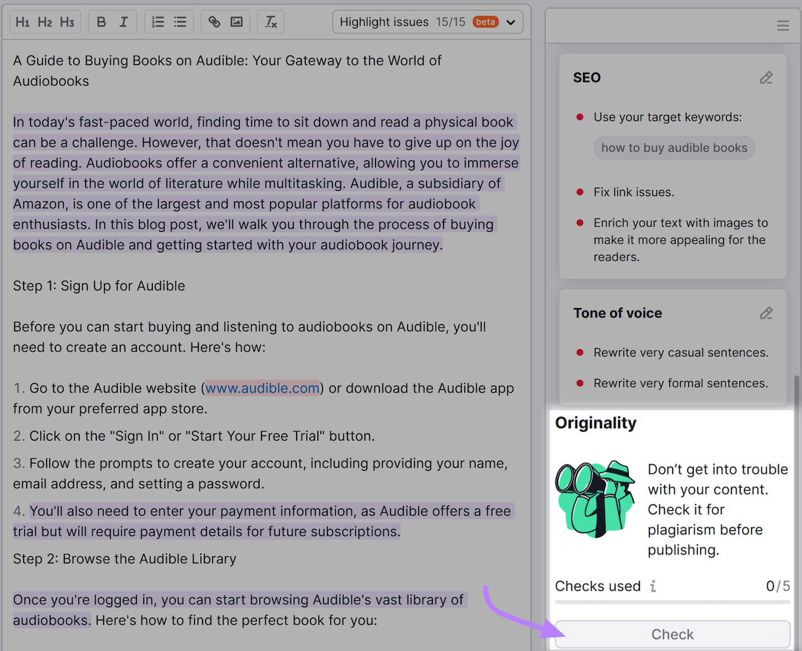 SEO Writing Assistant’s text box with Originality section highlighted on the left side menu