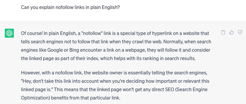 ChatGPT response to "Can you explain nofollow links in plain English?" prompt